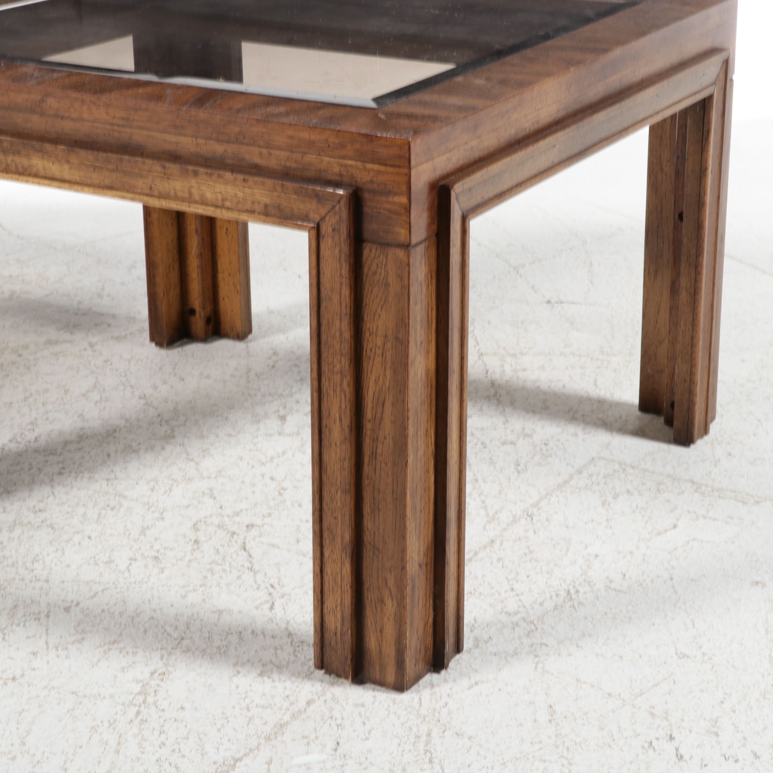 Pair of Mid Century Modern Parsons Style Smoke Glass Top Side Tables