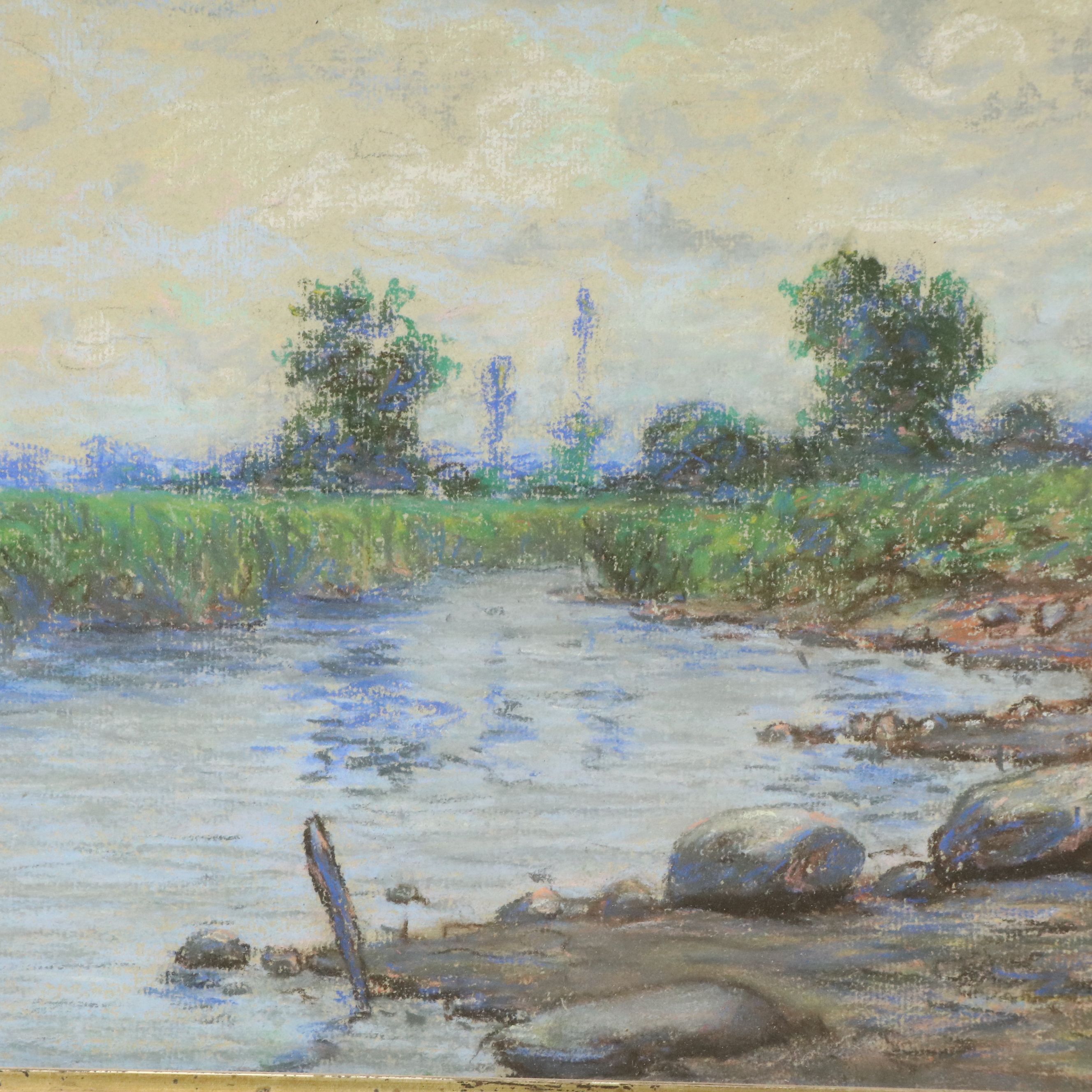 Pastel Drawing of Stony Riverbank with Marsh Grass and Trees, 20th Century
