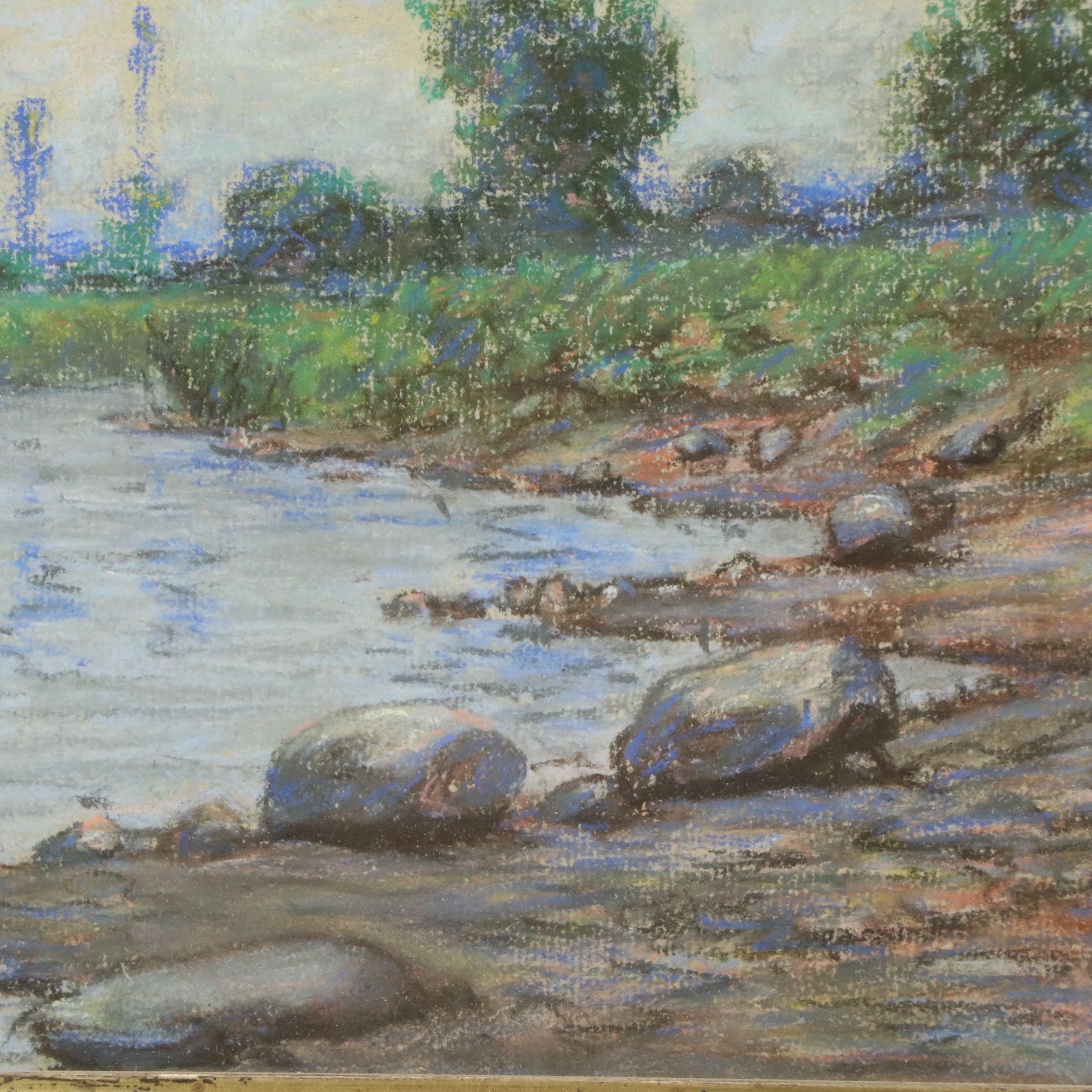 Pastel Drawing of Stony Riverbank with Marsh Grass and Trees, 20th Century