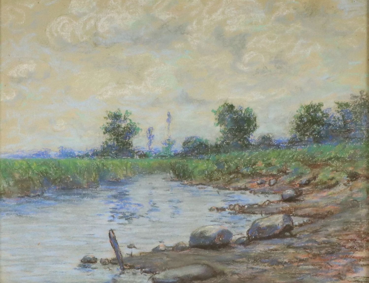Pastel Drawing of Stony Riverbank with Marsh Grass and Trees, 20th Century