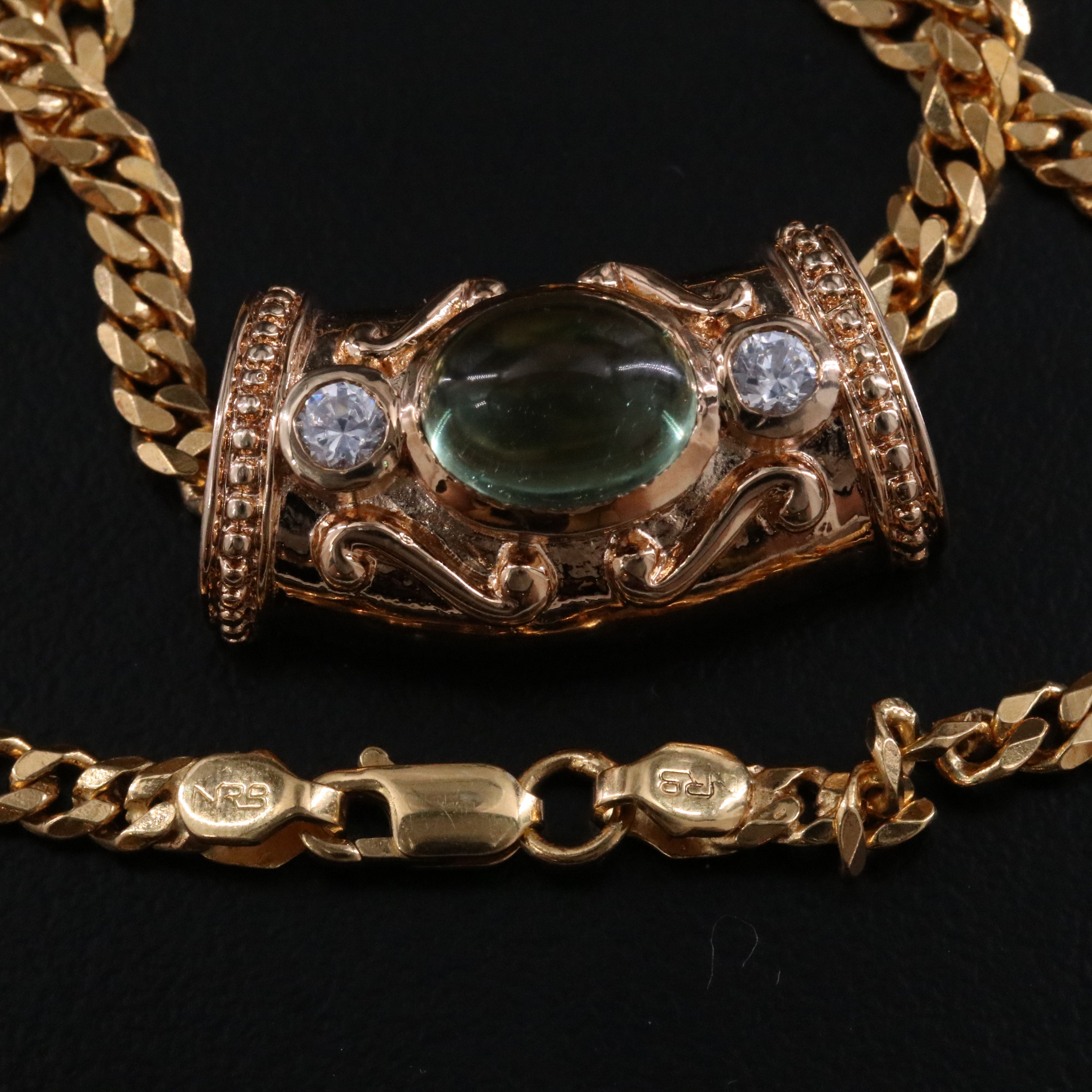 Sterling Tourmaline and CZ Slide Pendant on Curb Link Necklace