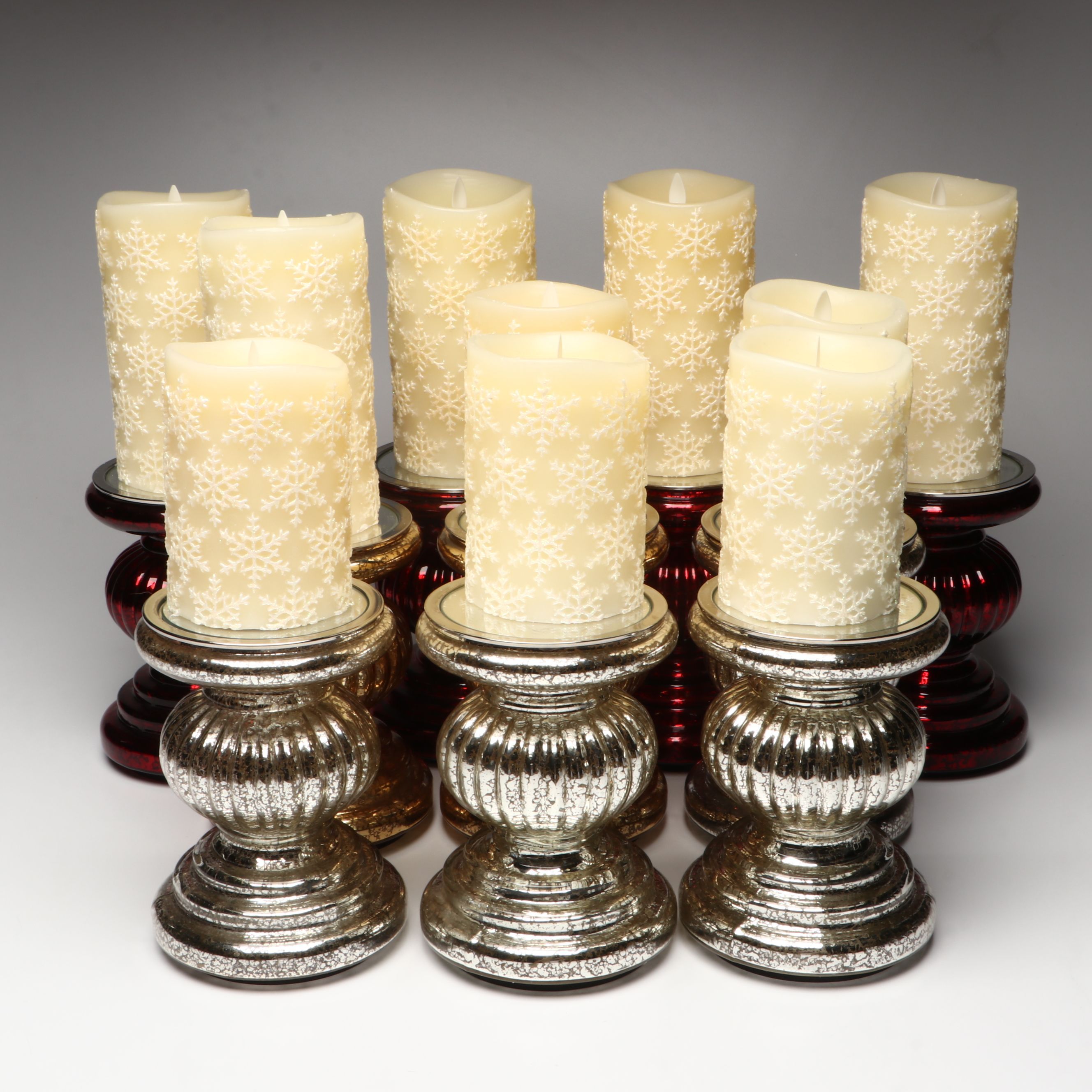 Luminara Glittered Snowflake Candles with Other Mercury Glass Candle Holders