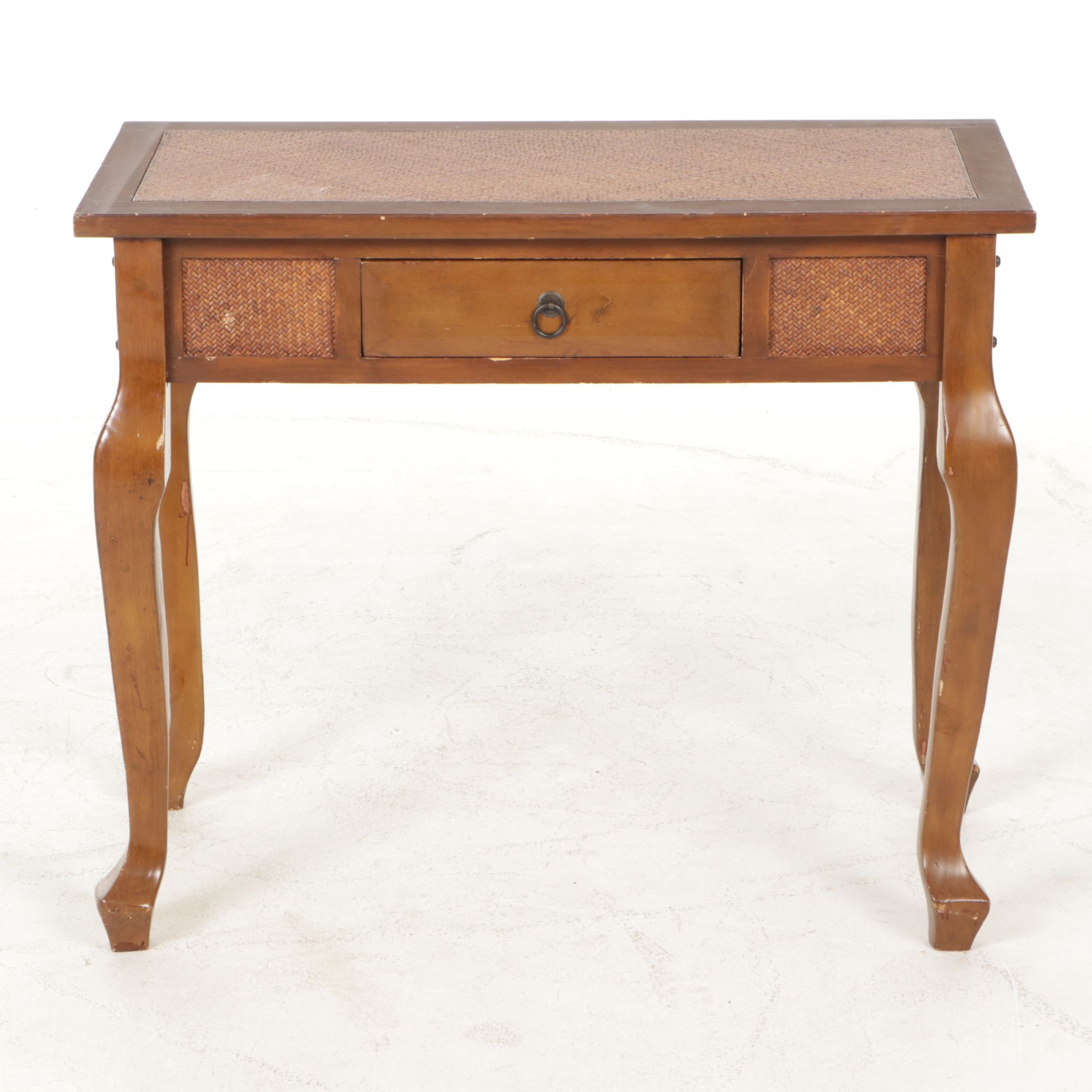 French Provincial Style Sofa Table with Woven Cane Accents
