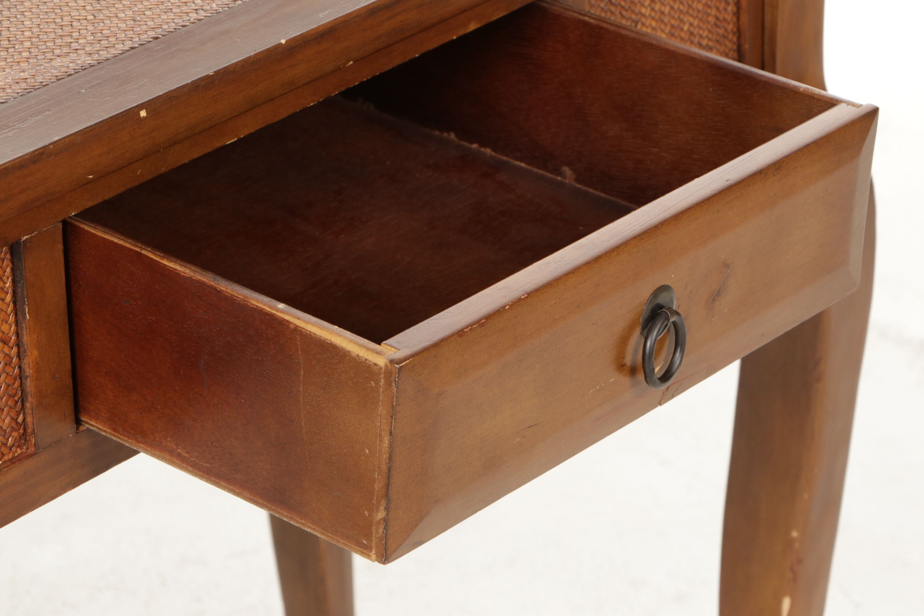 French Provincial Style Sofa Table with Woven Cane Accents