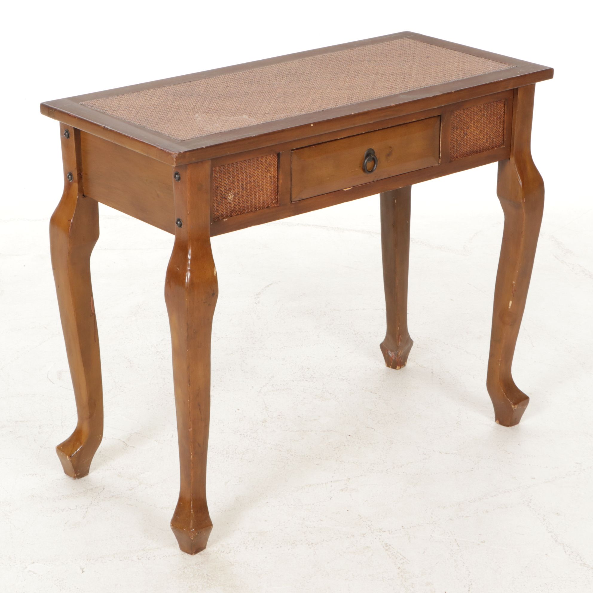 French Provincial Style Sofa Table with Woven Cane Accents