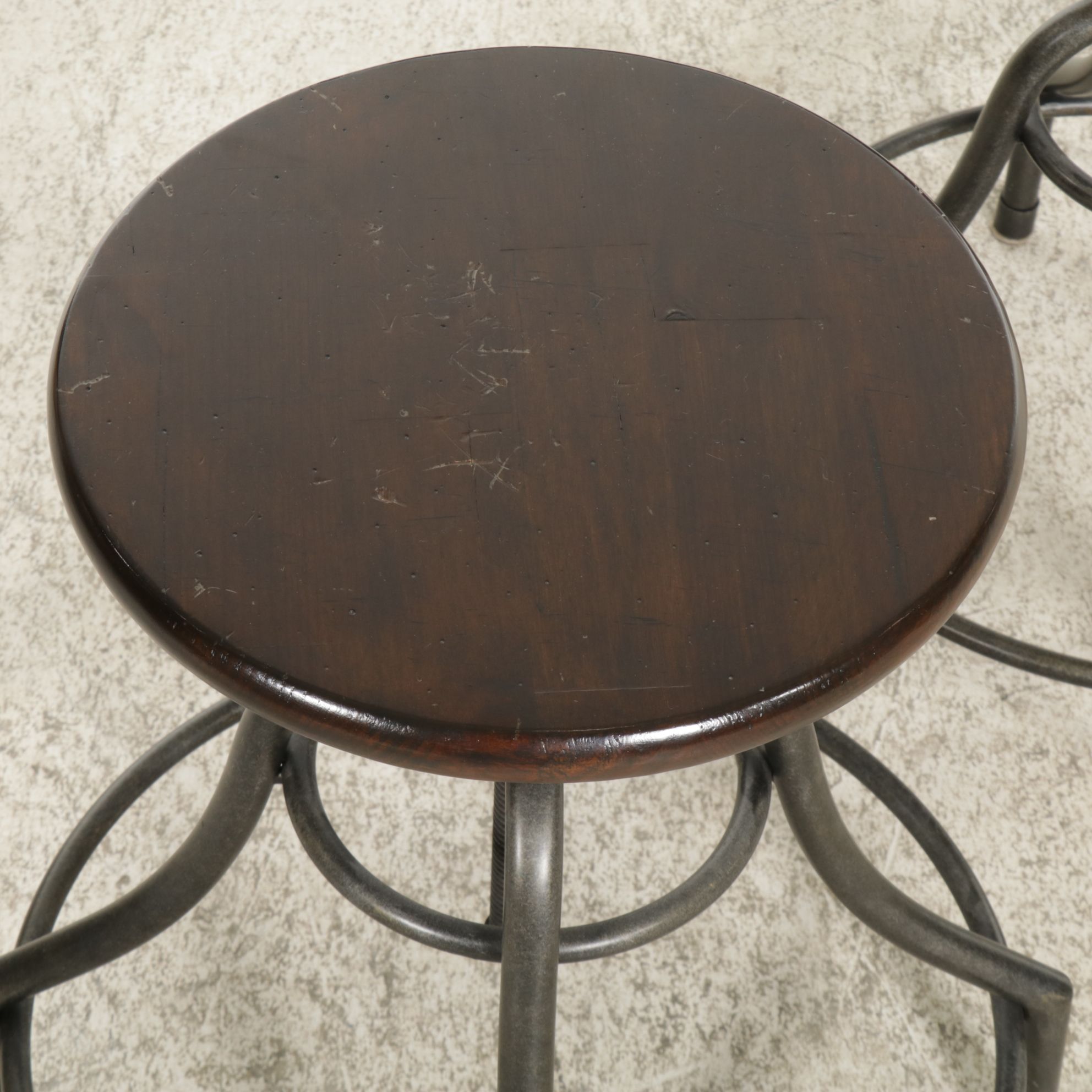 Five Industrial Style Adjustable Metal Stools with Wood Seats