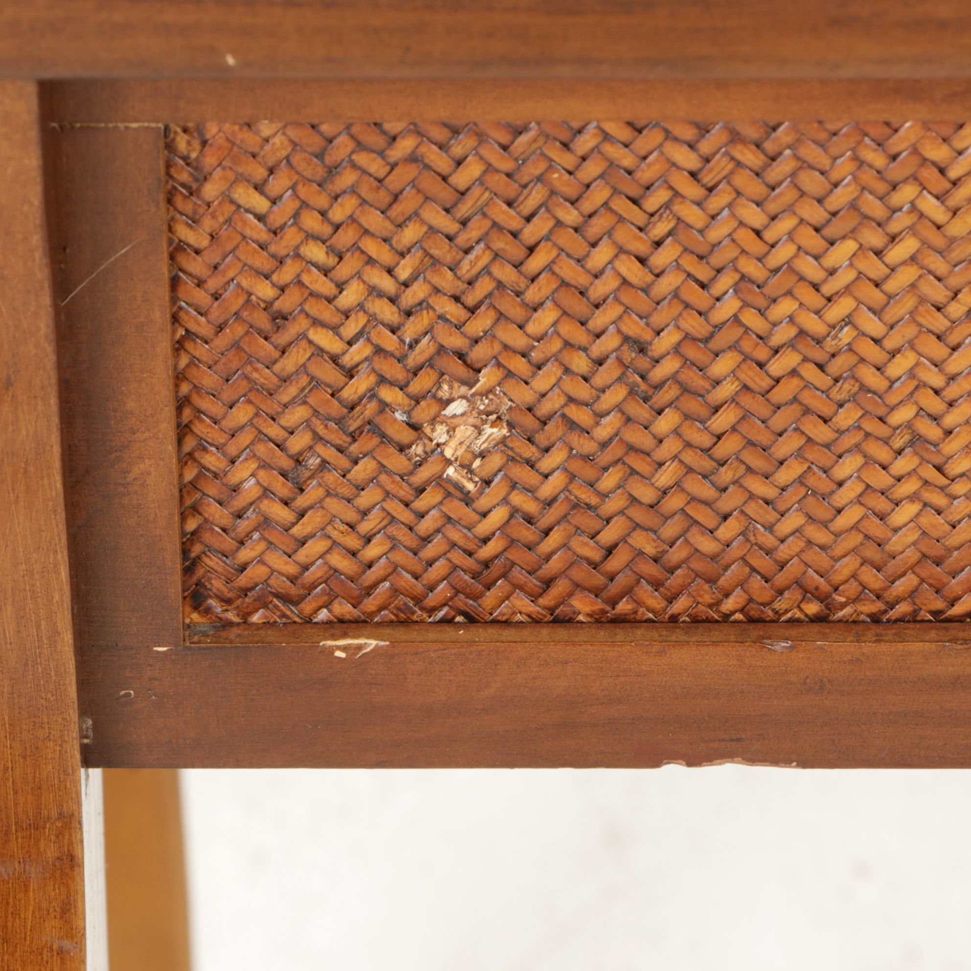 French Provincial Style Sofa Table with Woven Cane Accents