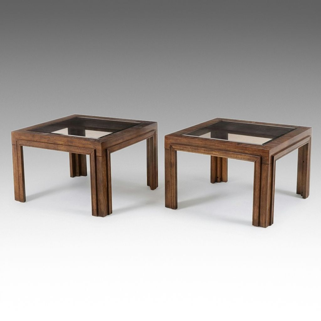 Pair of Mid Century Modern Parsons Style Smoke Glass Top Side Tables