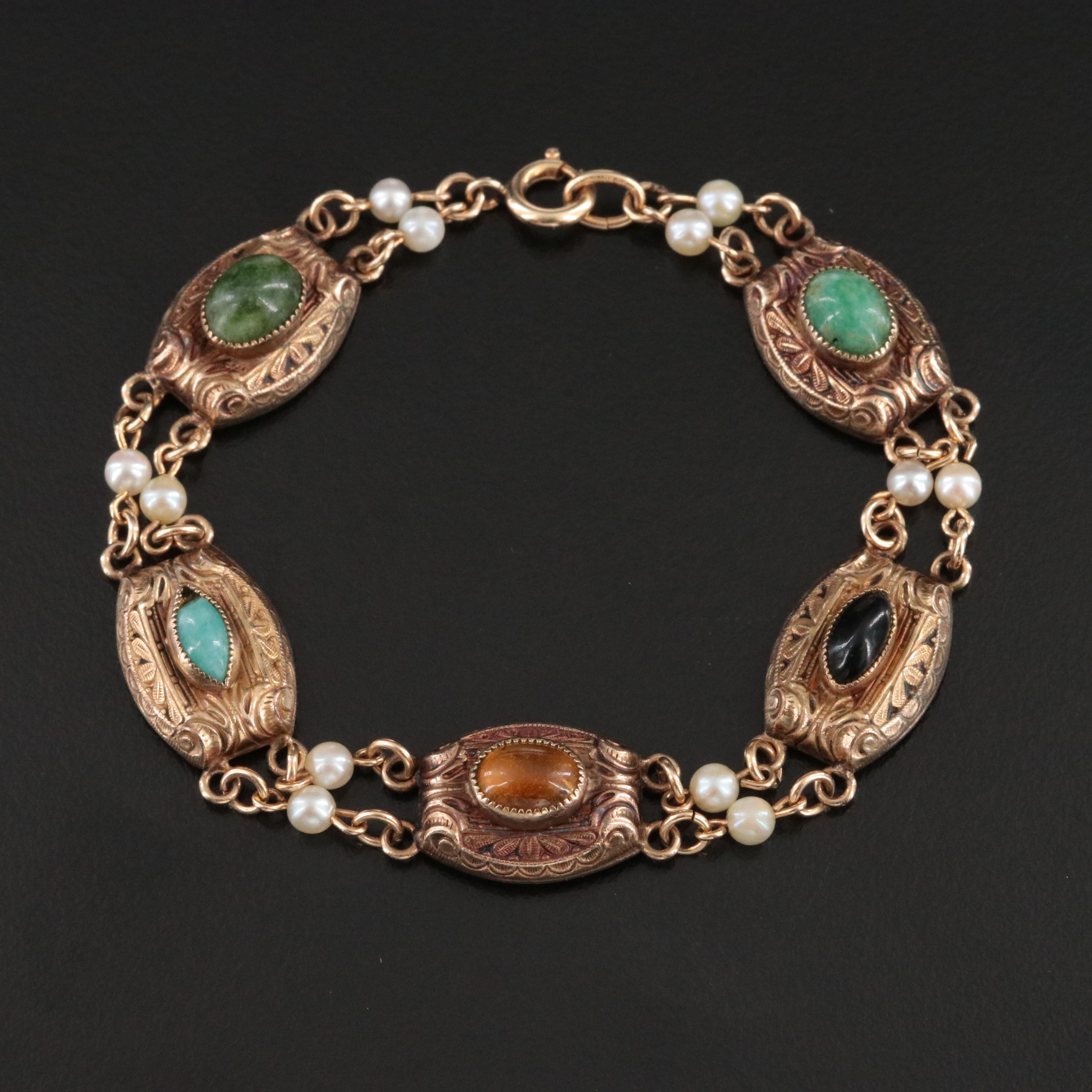 Vintage Bracelet Featuring Citrine, Connemara Marble and Seed Pearls