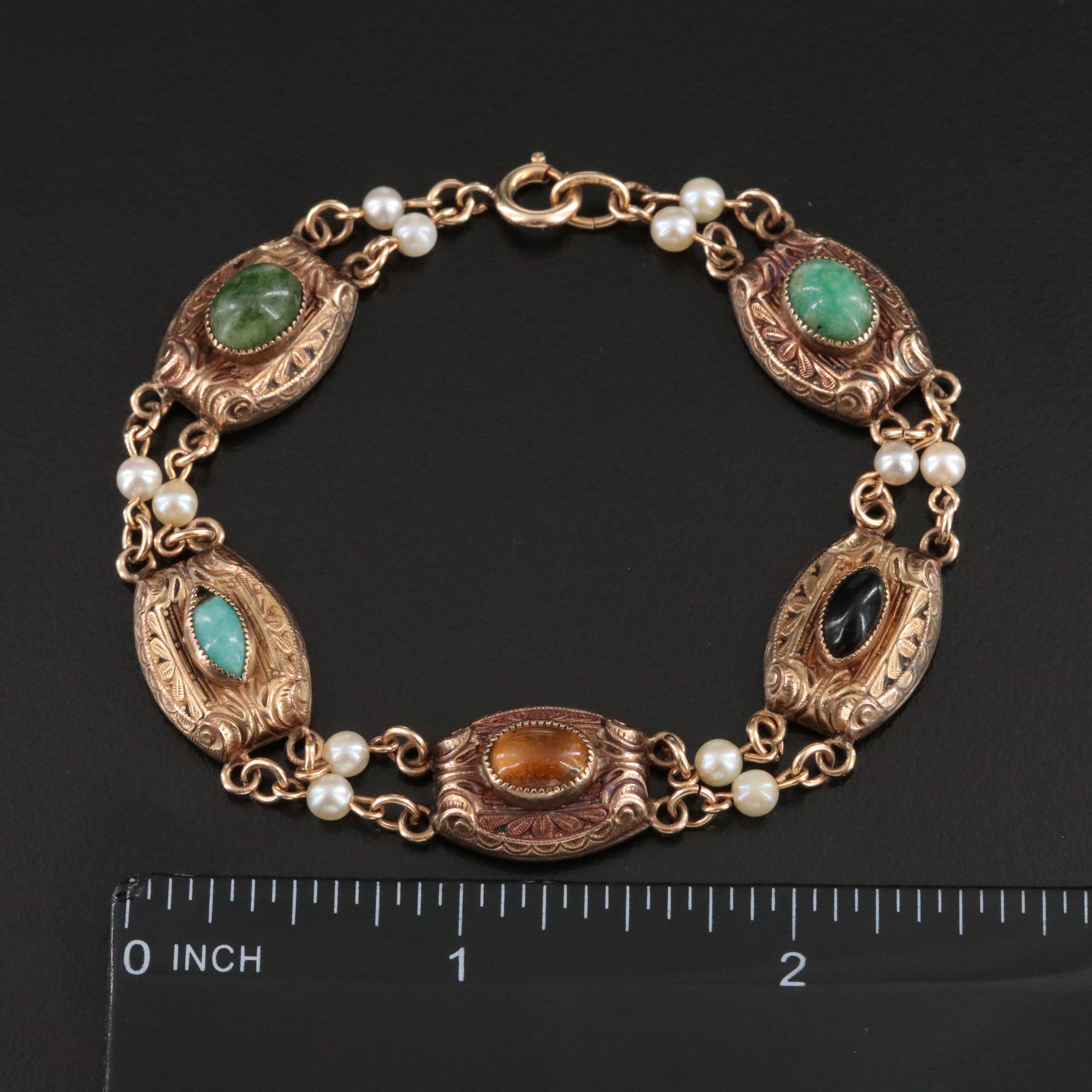 Vintage Bracelet Featuring Citrine, Connemara Marble and Seed Pearls