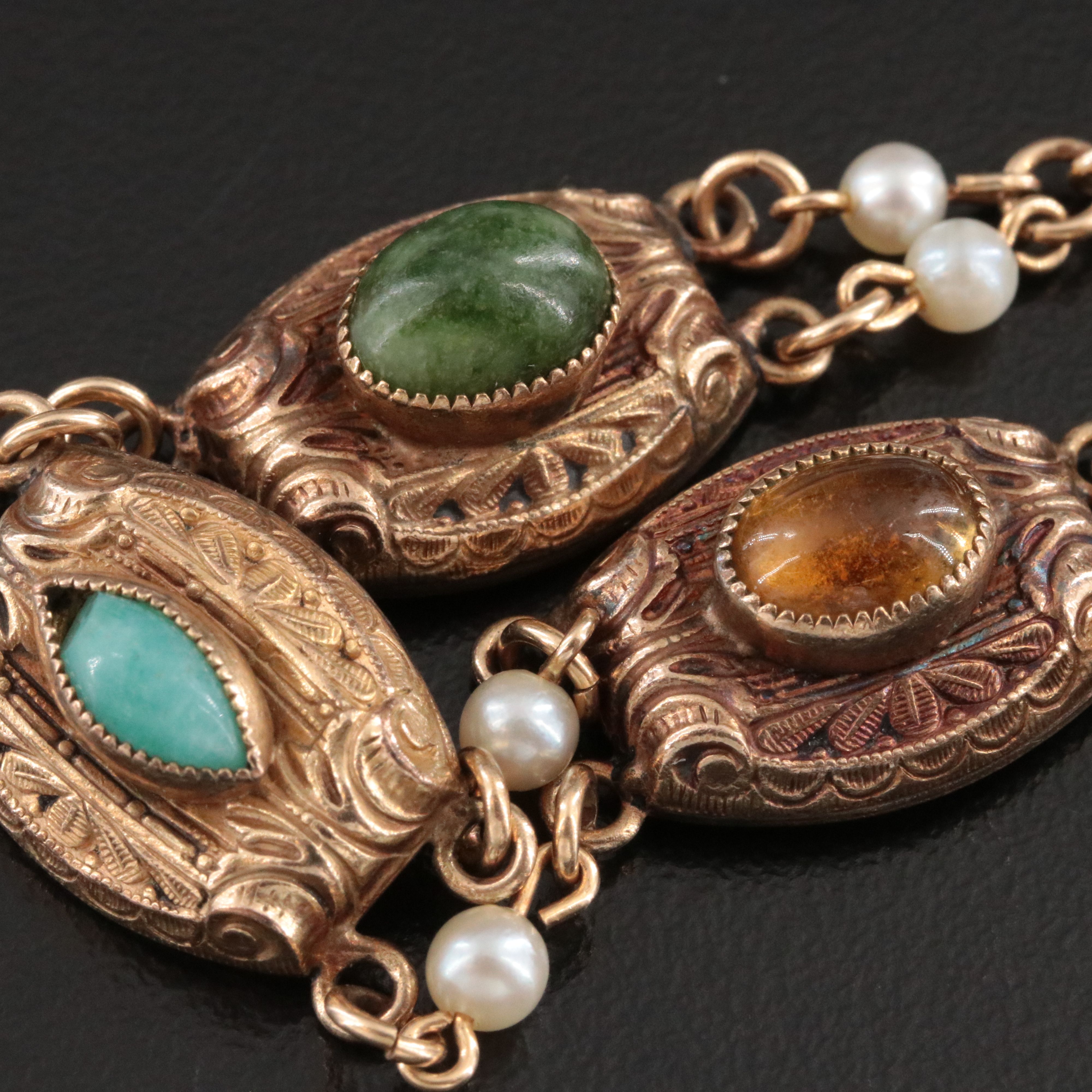 Vintage Bracelet Featuring Citrine, Connemara Marble and Seed Pearls