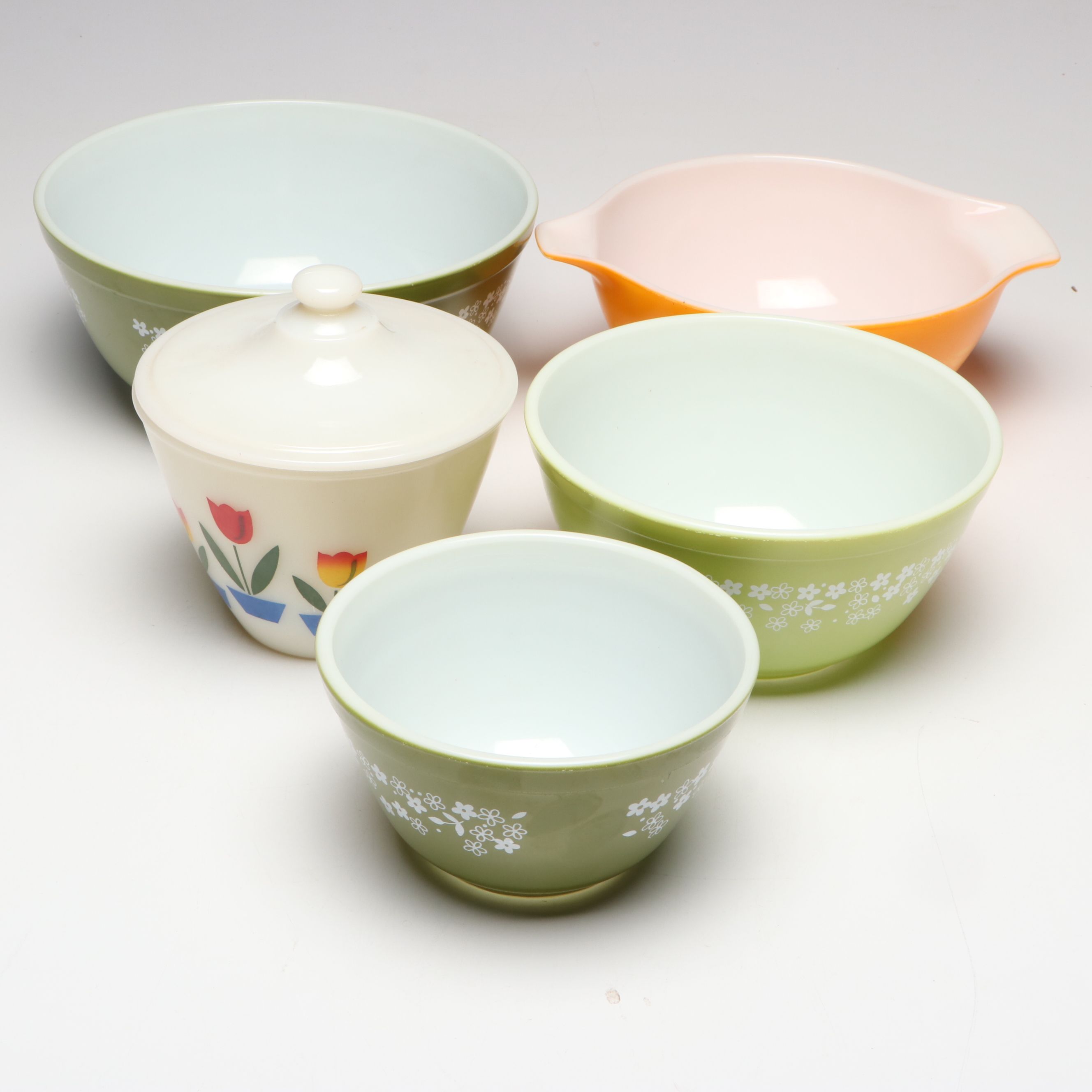 Anchor Hocking "Tulips on Ivory" Drip Jar with Pyrex Mixing Bowls