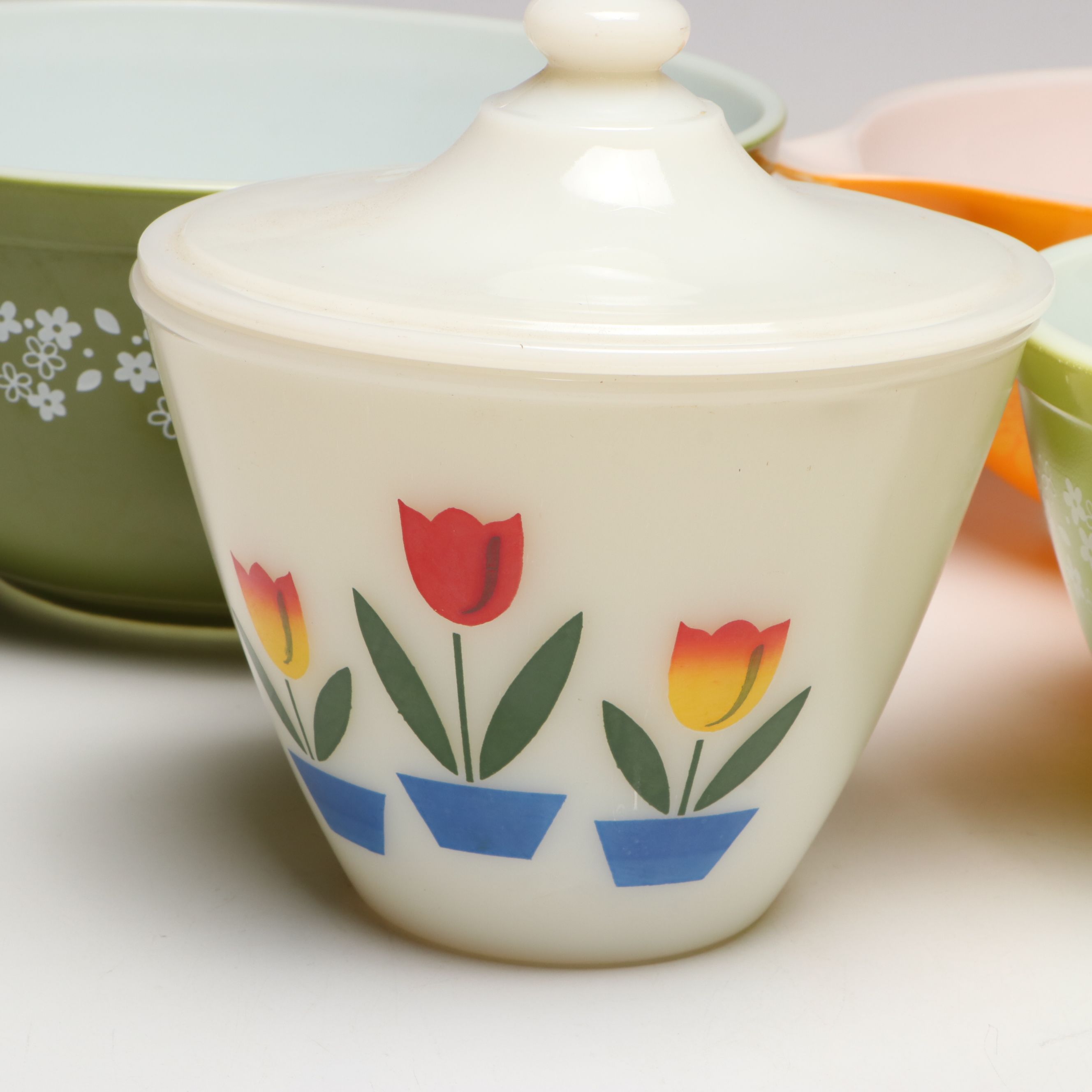 Anchor Hocking "Tulips on Ivory" Drip Jar with Pyrex Mixing Bowls