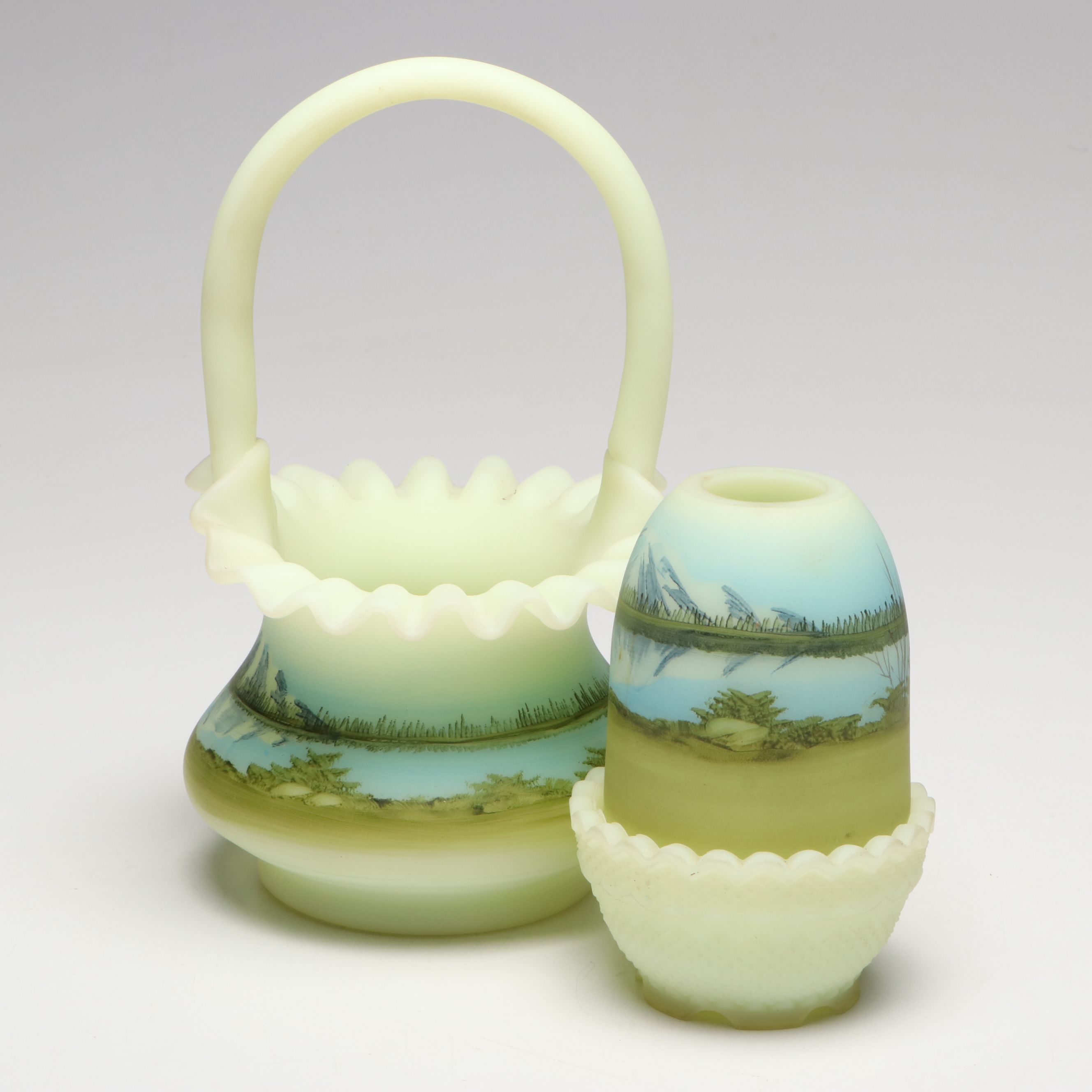 Dane Fredrick for Fenton Hand-Painted Custard Glass Basket and Fairy Lamp