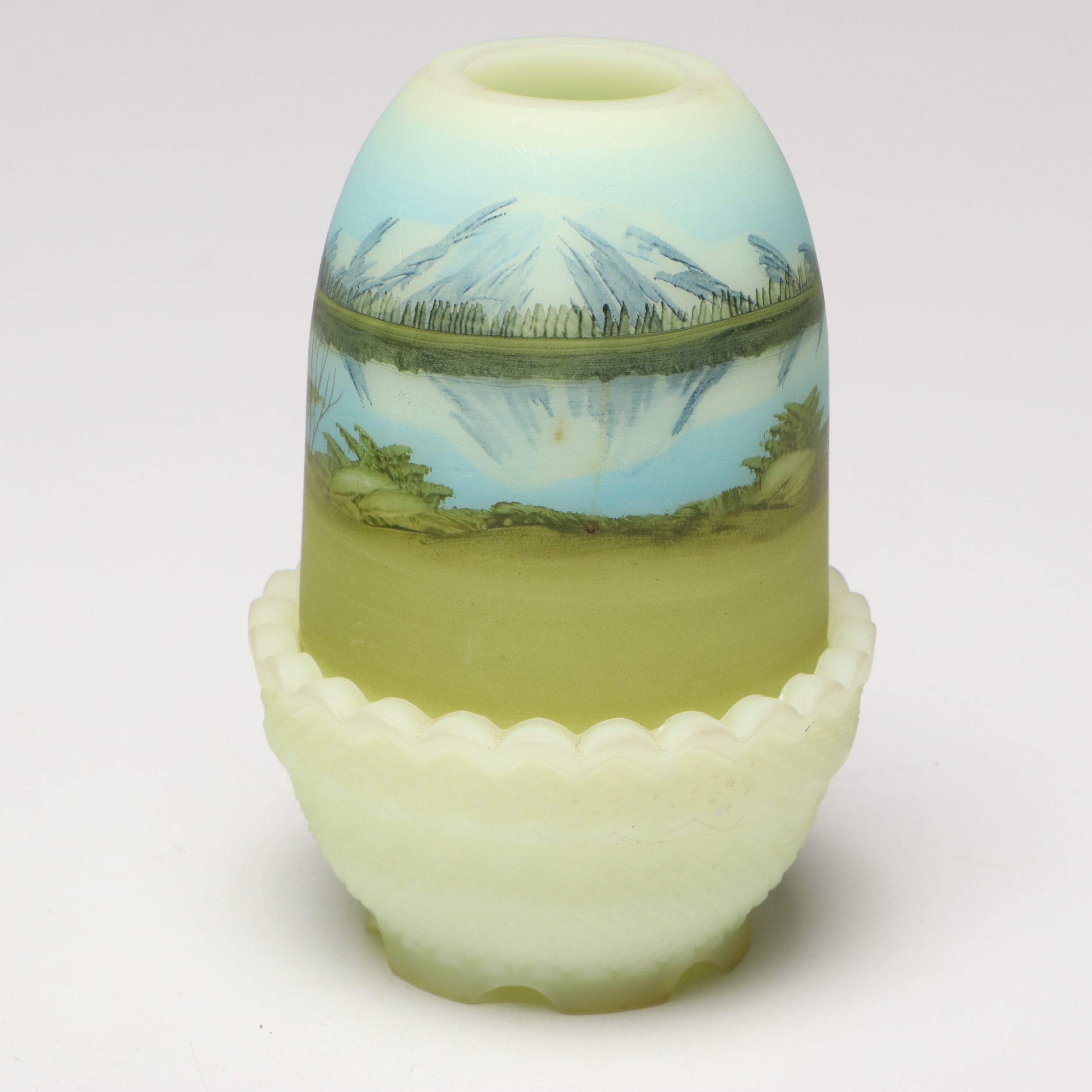 Dane Fredrick for Fenton Hand-Painted Custard Glass Basket and Fairy Lamp