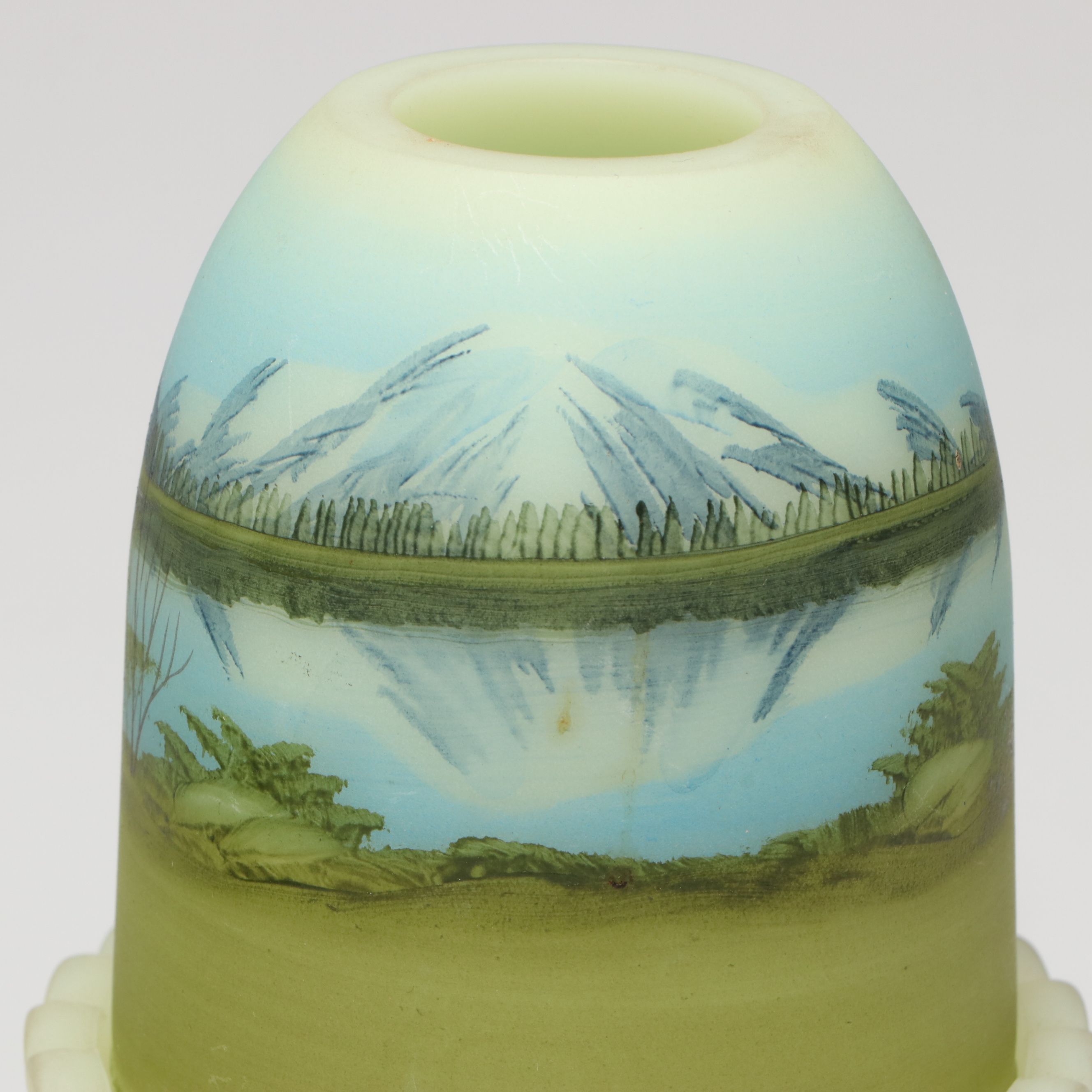 Dane Fredrick for Fenton Hand-Painted Custard Glass Basket and Fairy Lamp