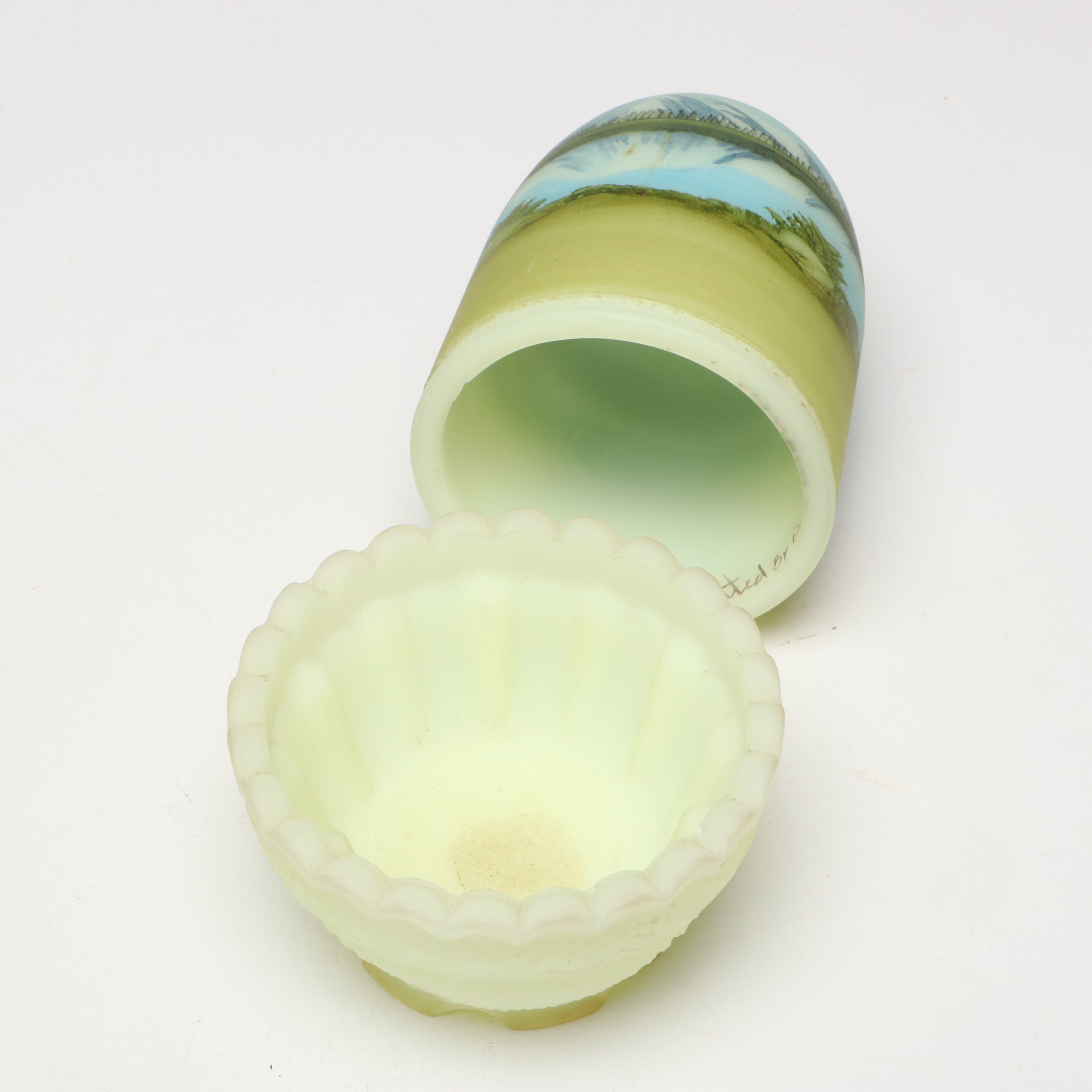 Dane Fredrick for Fenton Hand-Painted Custard Glass Basket and Fairy Lamp