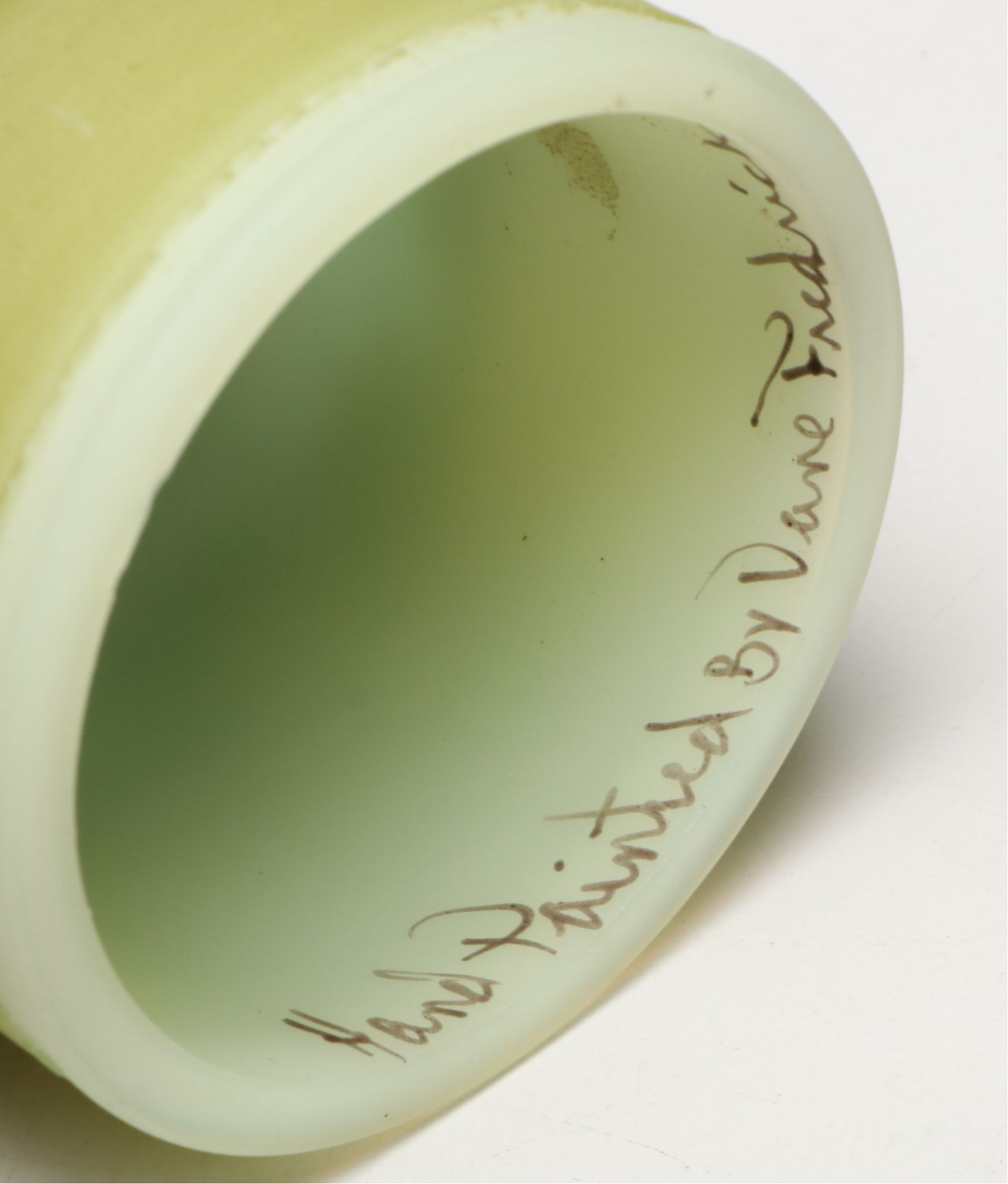 Dane Fredrick for Fenton Hand-Painted Custard Glass Basket and Fairy Lamp