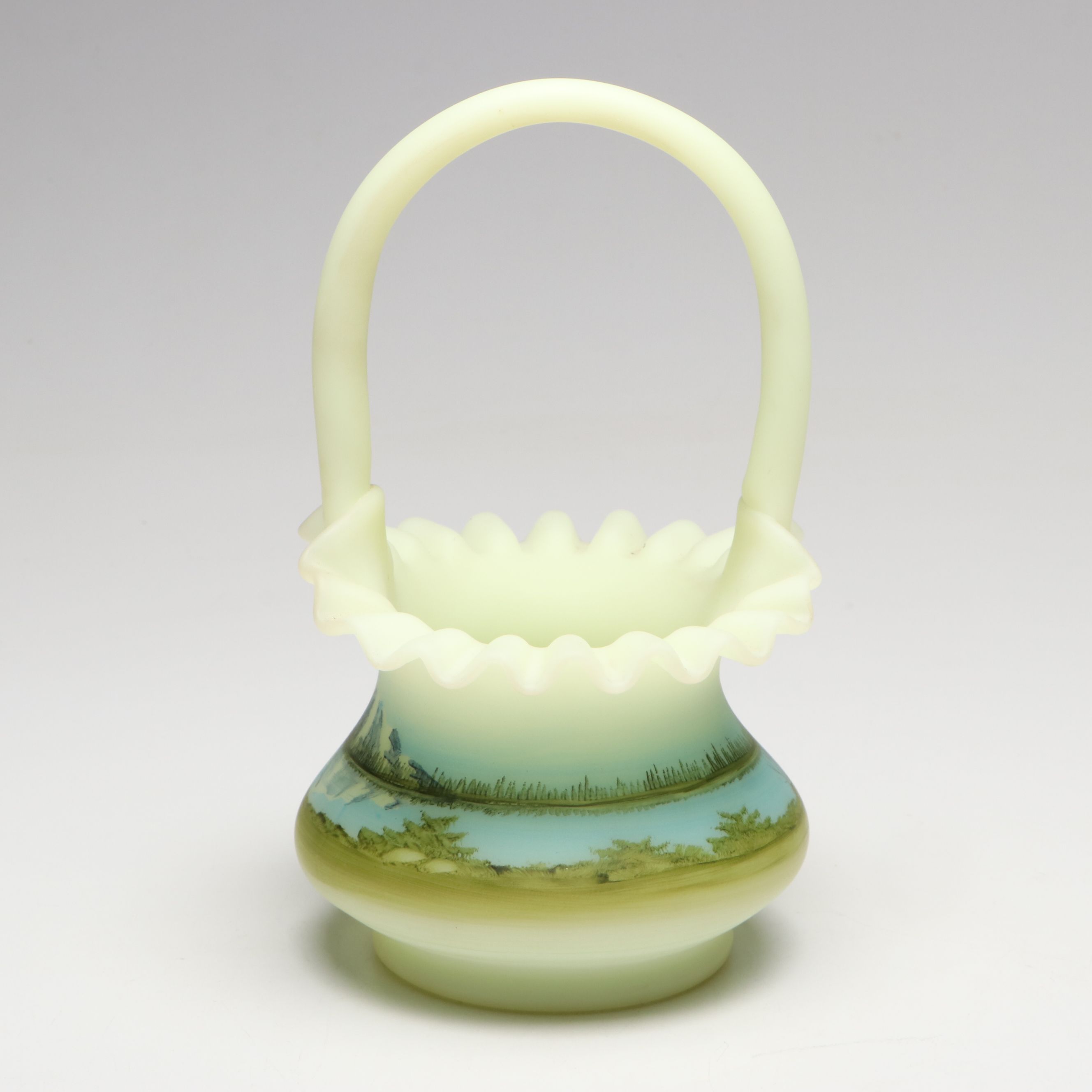 Dane Fredrick for Fenton Hand-Painted Custard Glass Basket and Fairy Lamp