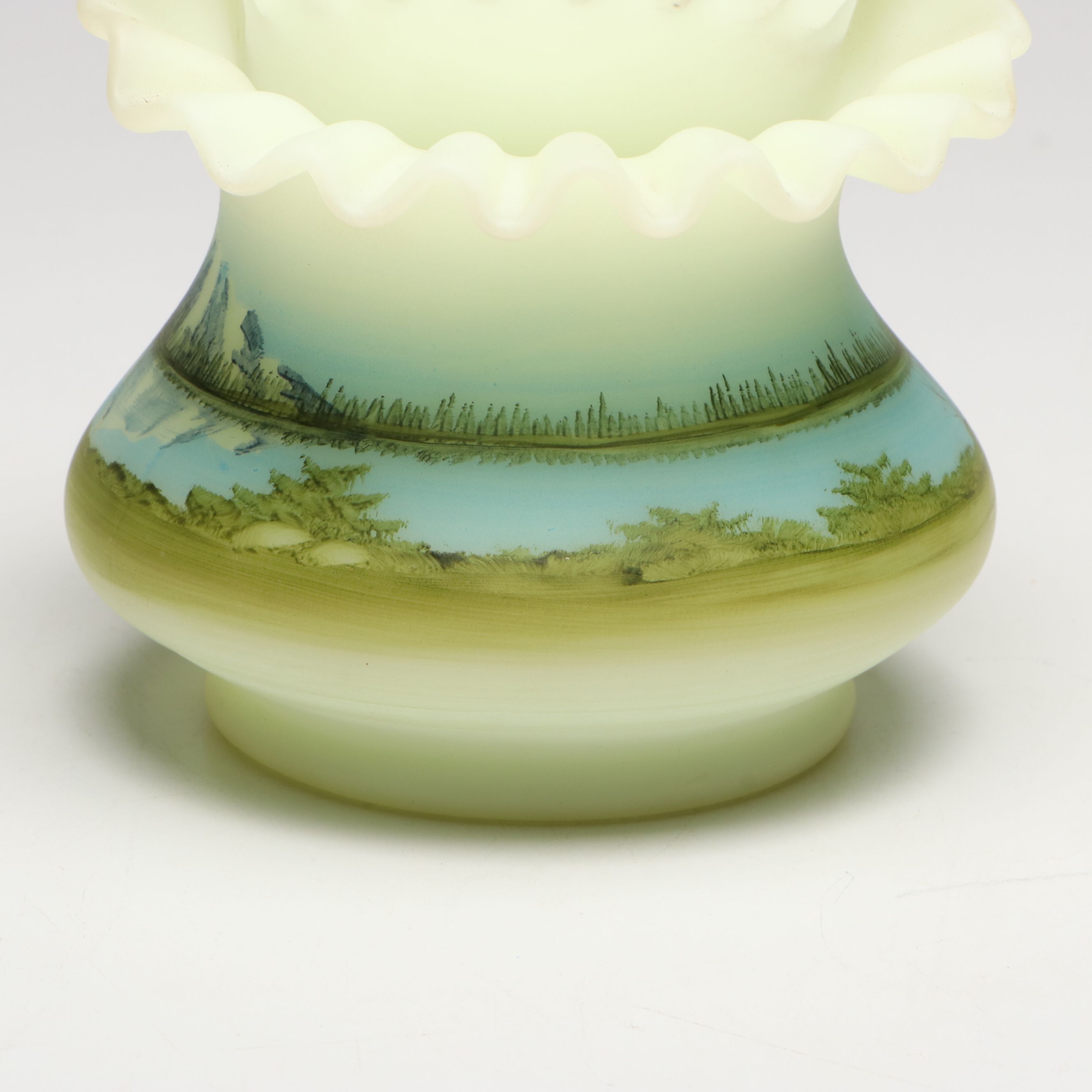 Dane Fredrick for Fenton Hand-Painted Custard Glass Basket and Fairy Lamp