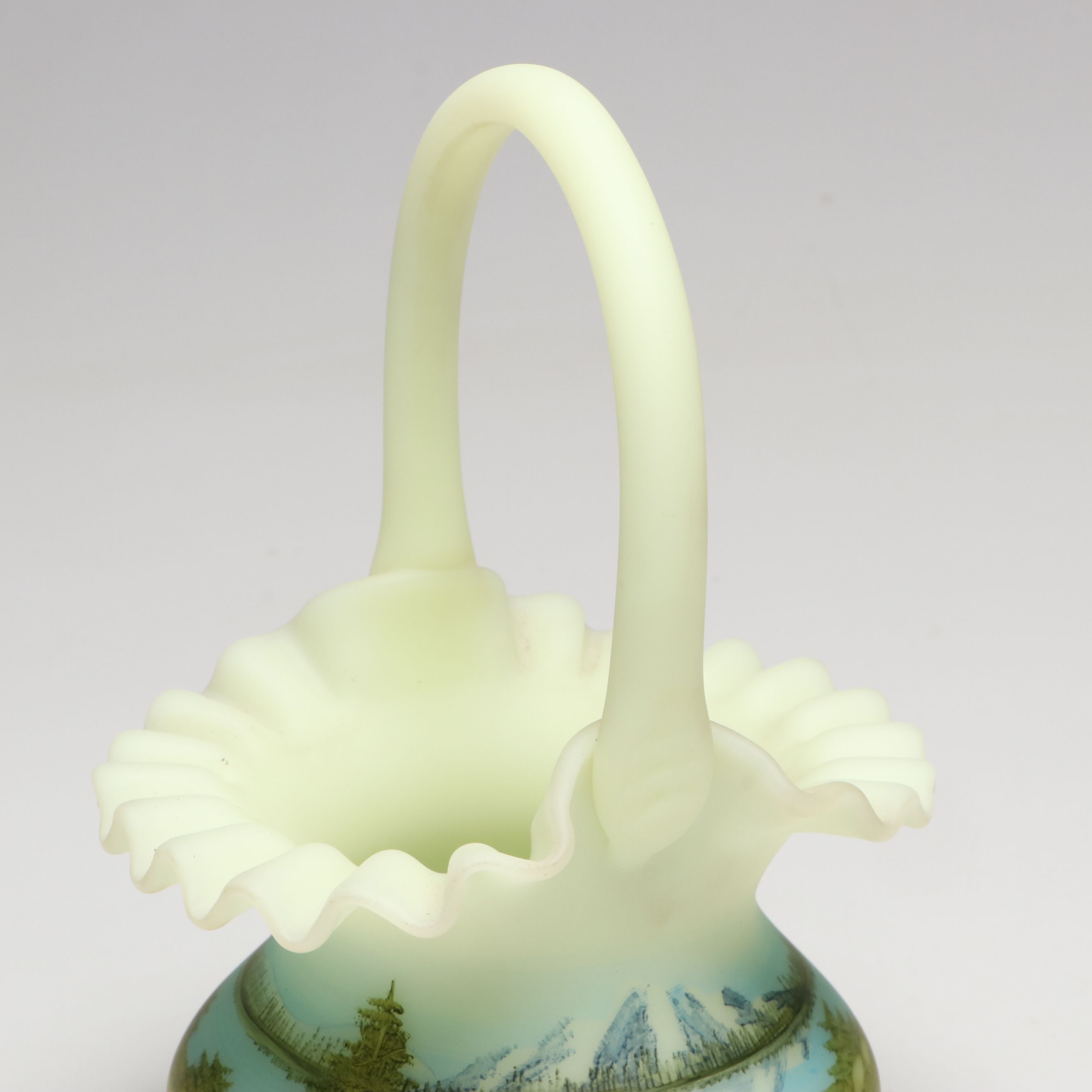 Dane Fredrick for Fenton Hand-Painted Custard Glass Basket and Fairy Lamp