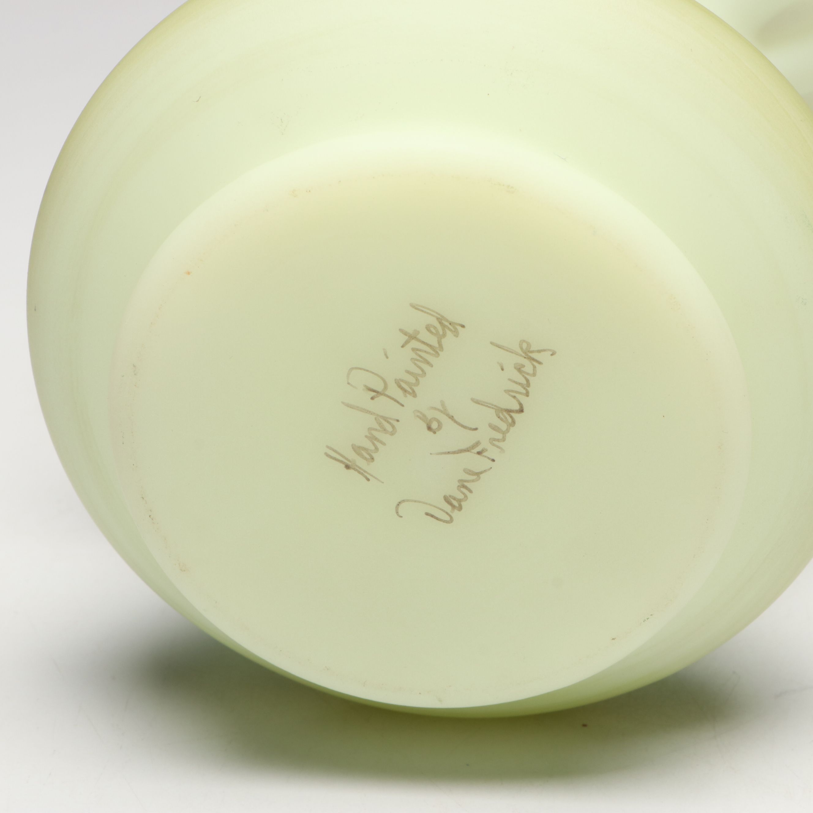 Dane Fredrick for Fenton Hand-Painted Custard Glass Basket and Fairy Lamp