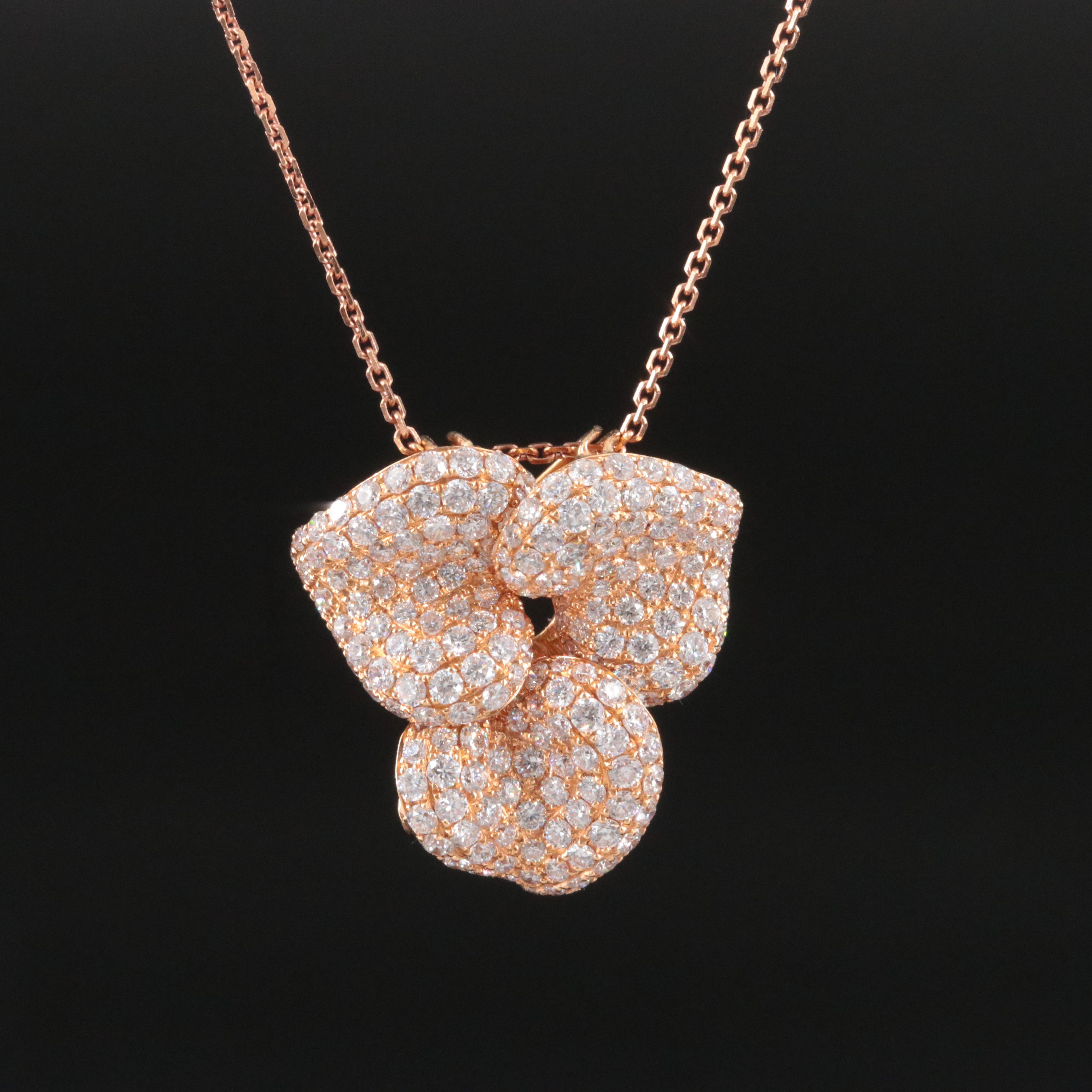 18K 3.58 CTW Diamond Leaf Pendant on Rose Gold Chain Necklace