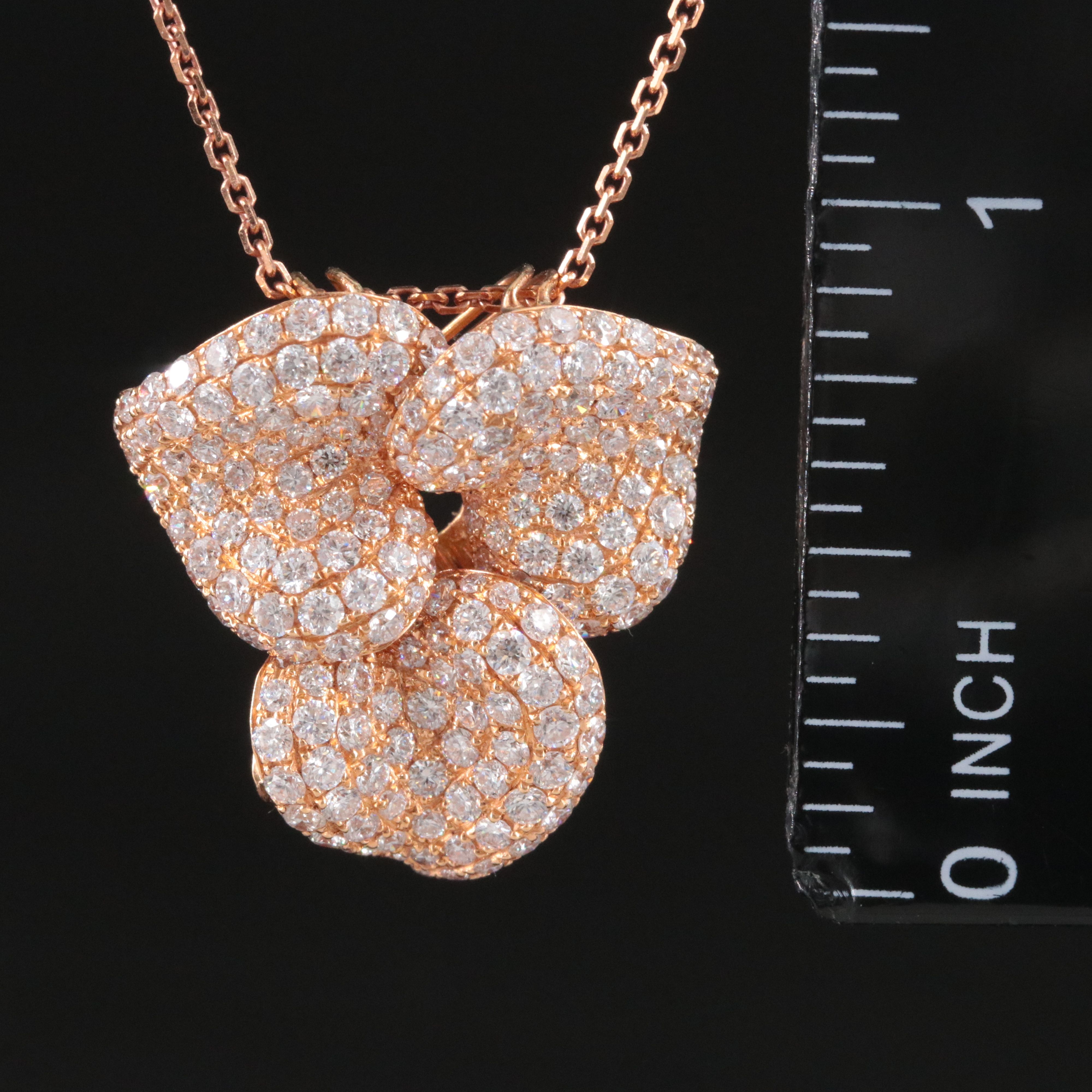 18K 3.58 CTW Diamond Leaf Pendant on Rose Gold Chain Necklace