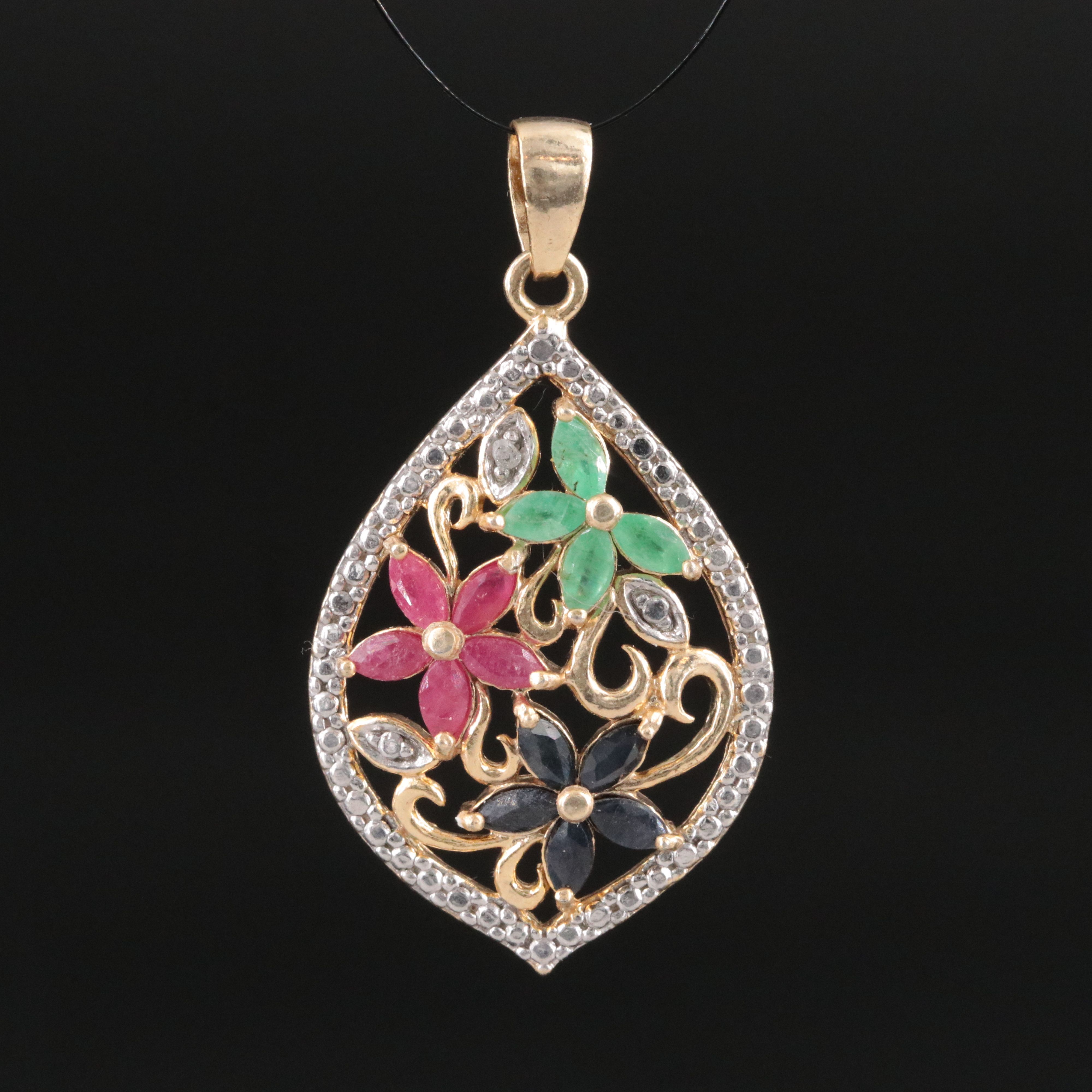 Sterling Emerald, Ruby and Sapphire Flower Pendant with Diamond Accent