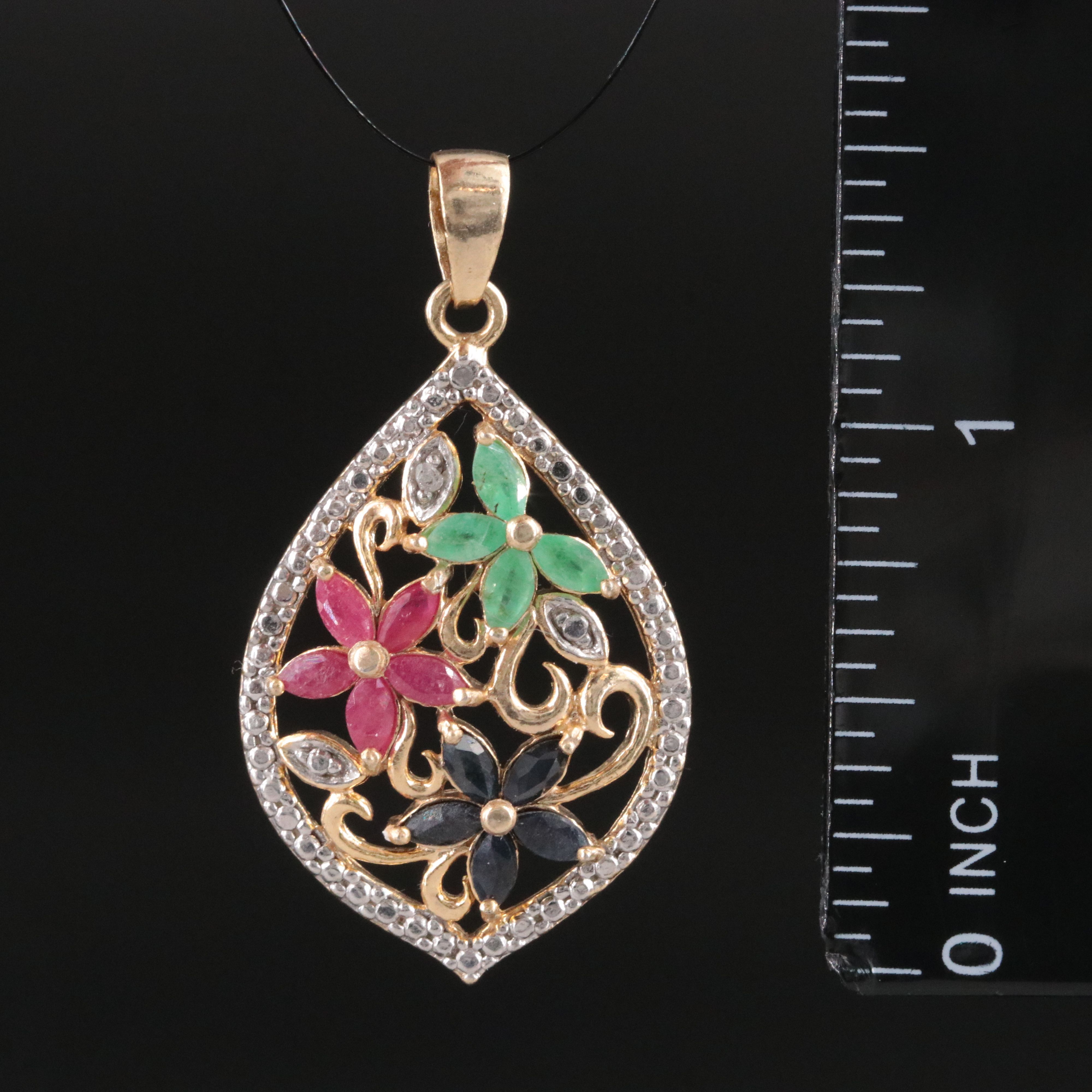 Sterling Emerald, Ruby and Sapphire Flower Pendant with Diamond Accent