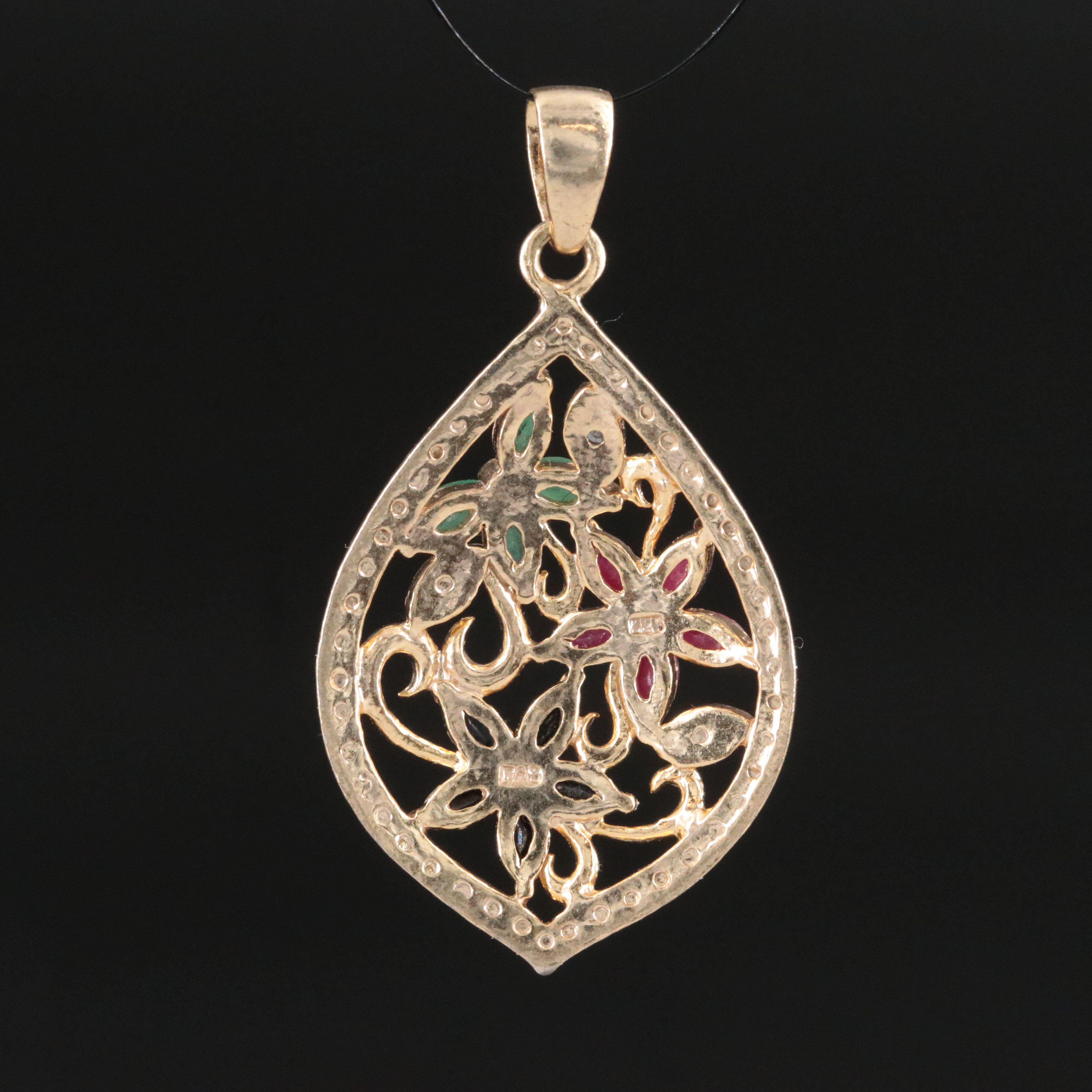 Sterling Emerald, Ruby and Sapphire Flower Pendant with Diamond Accent