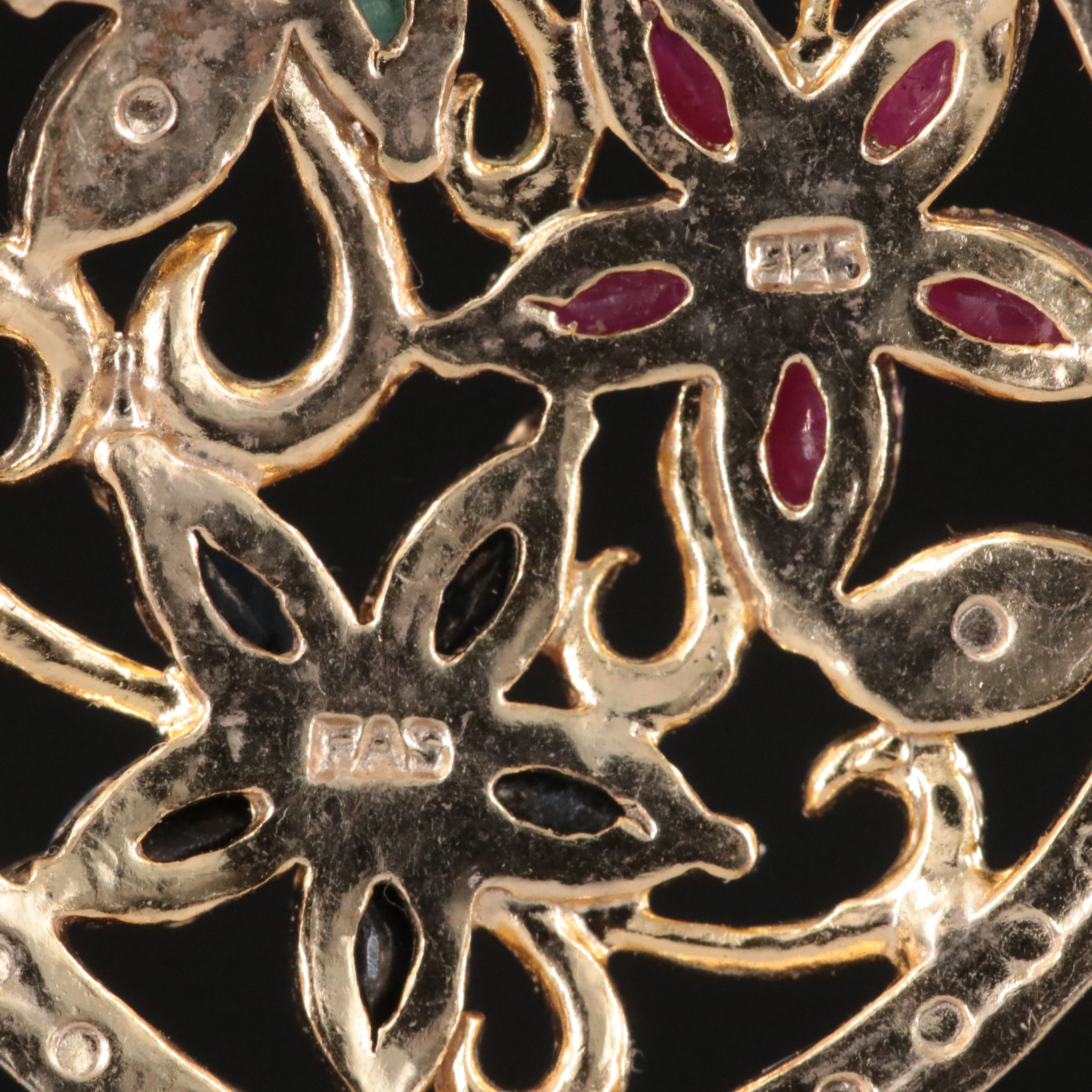 Sterling Emerald, Ruby and Sapphire Flower Pendant with Diamond Accent