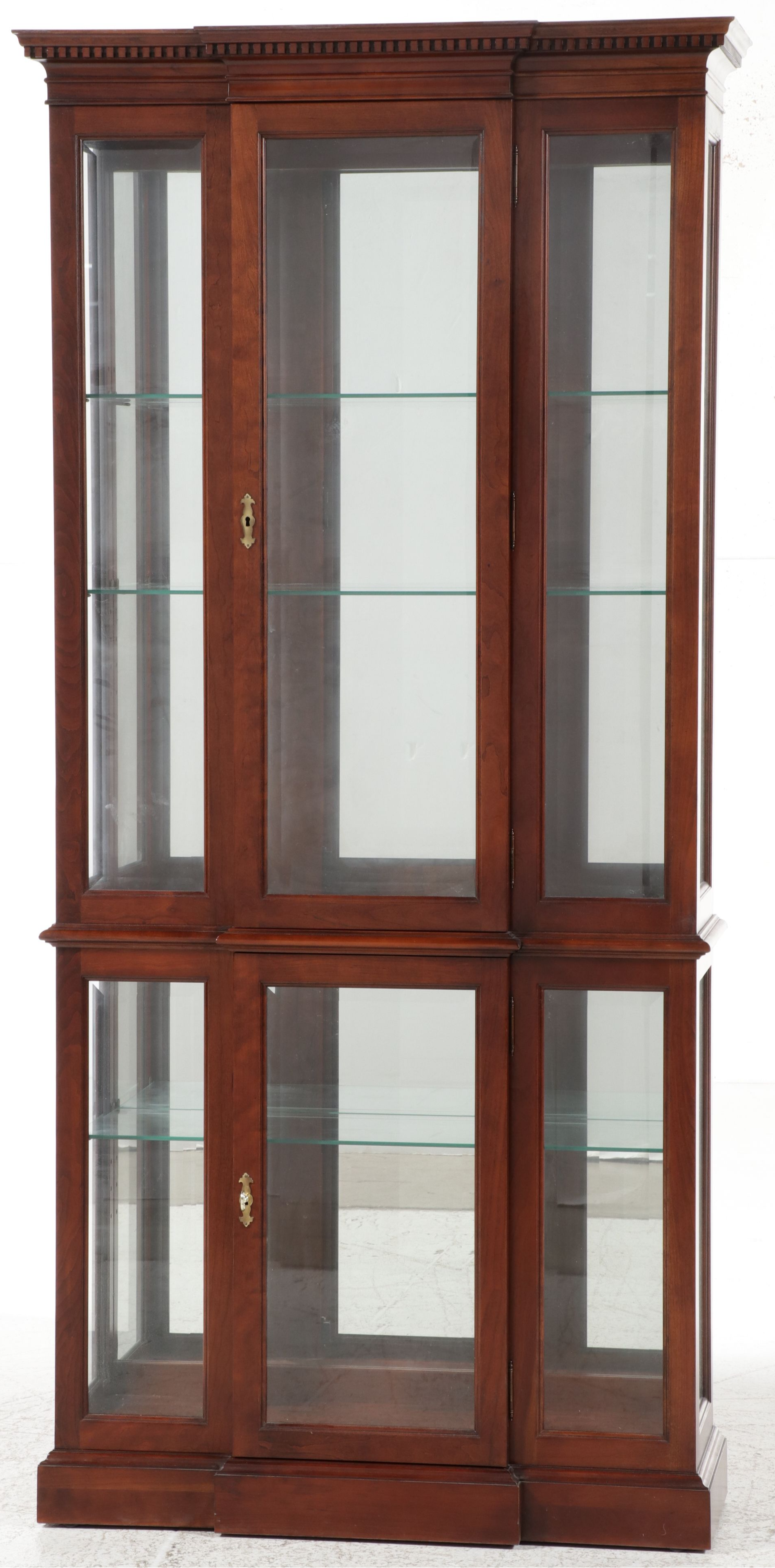 Neoclassical Style Cherry Finish Breakfront Curio Cabinet, Late 20th Century