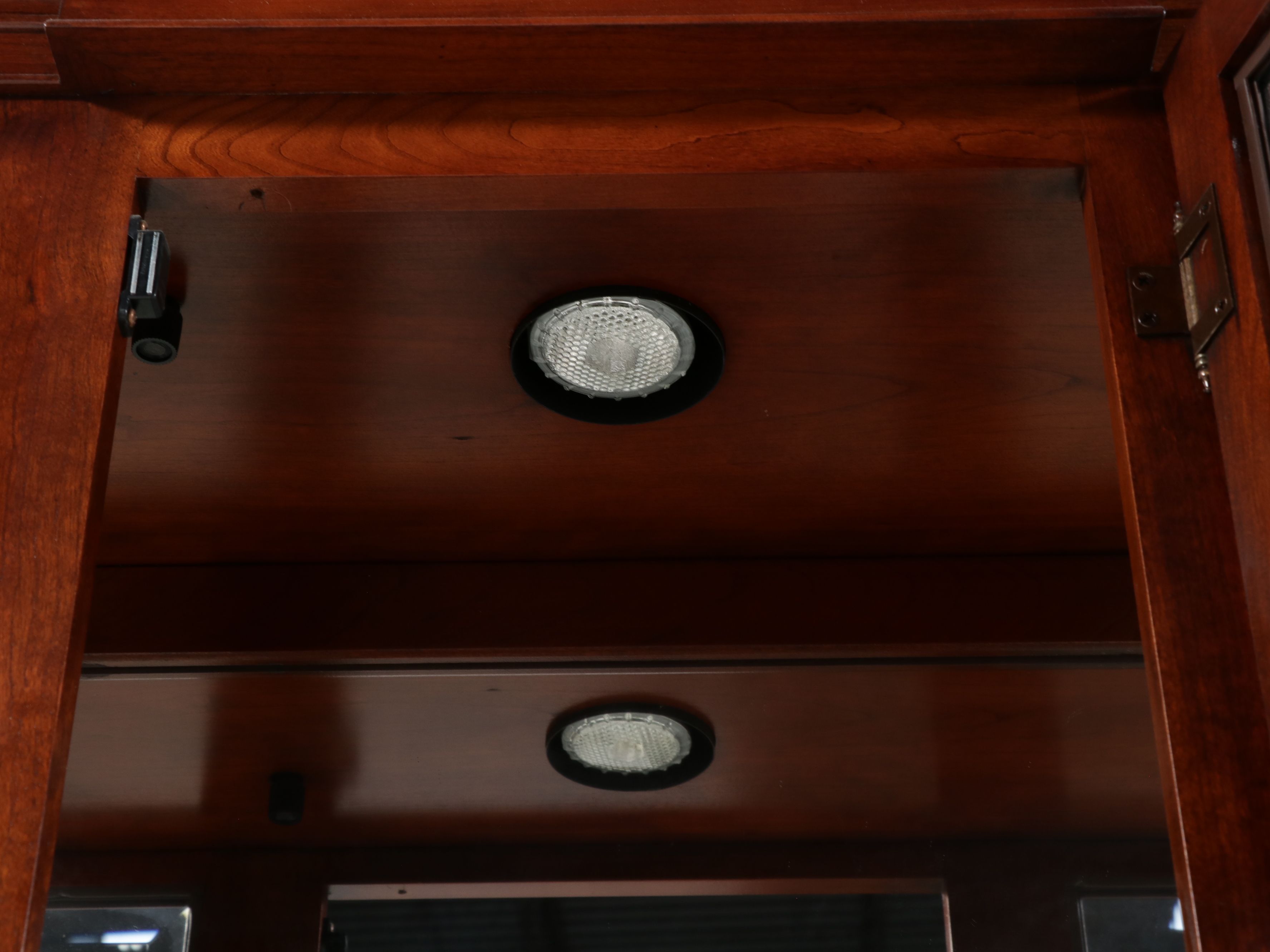 Neoclassical Style Cherry Finish Breakfront Curio Cabinet, Late 20th Century