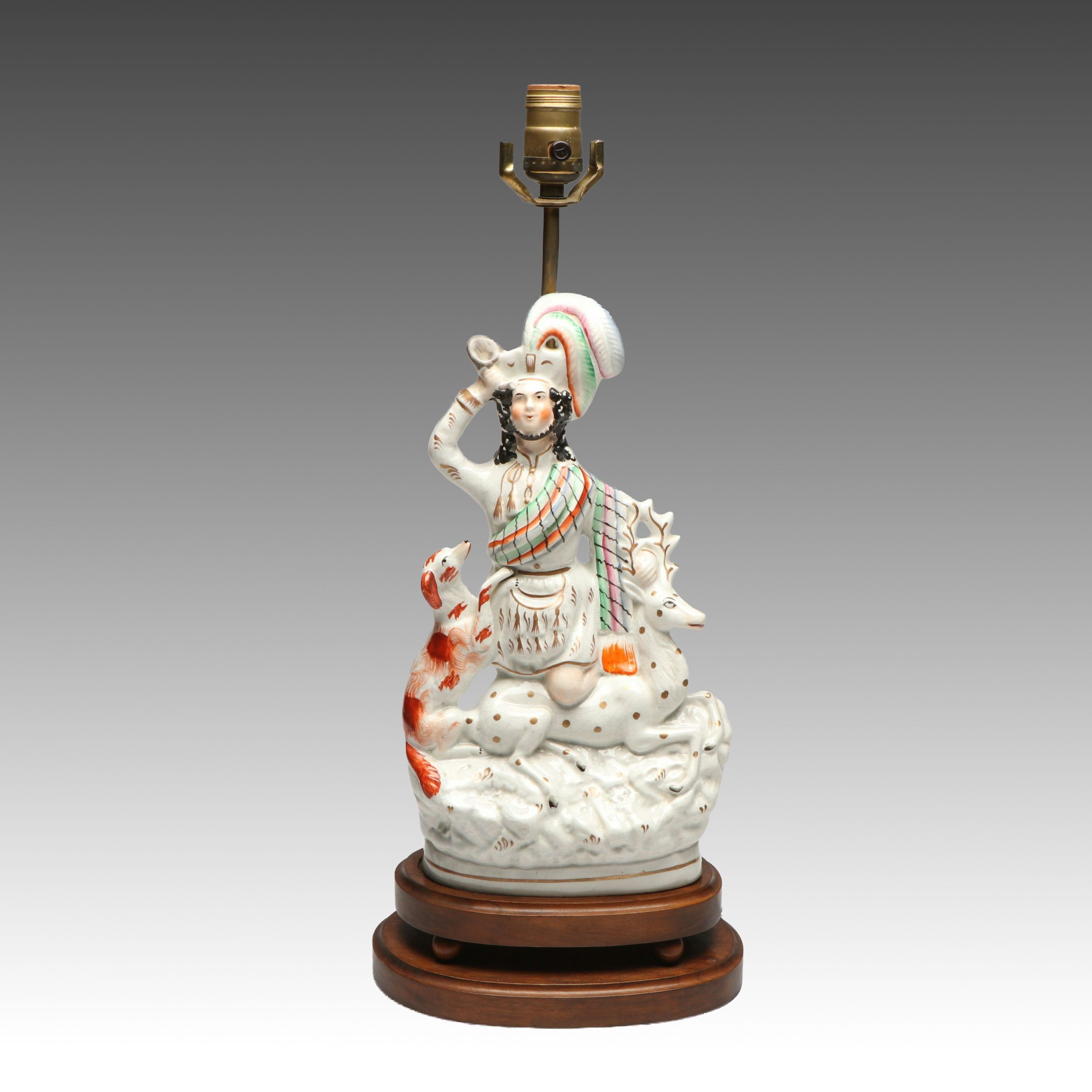 Staffordshire Porcelain Huntsman Converted Lamp, Mid-19th Century