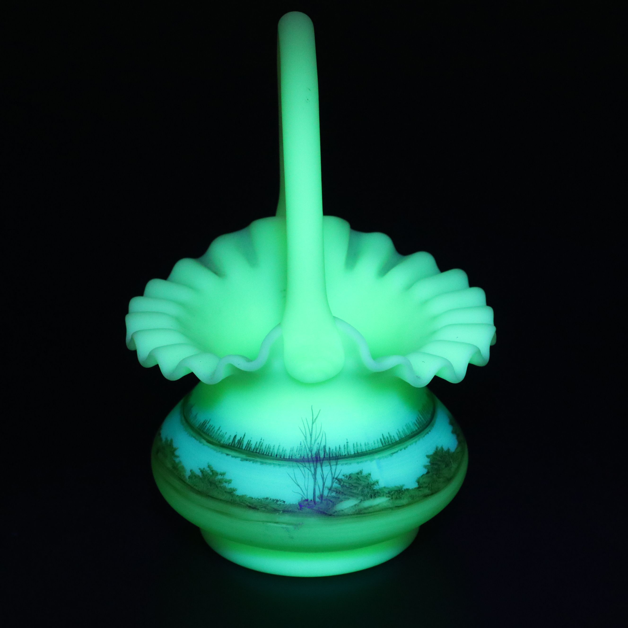 Dane Fredrick for Fenton Hand-Painted Custard Glass Basket and Fairy Lamp