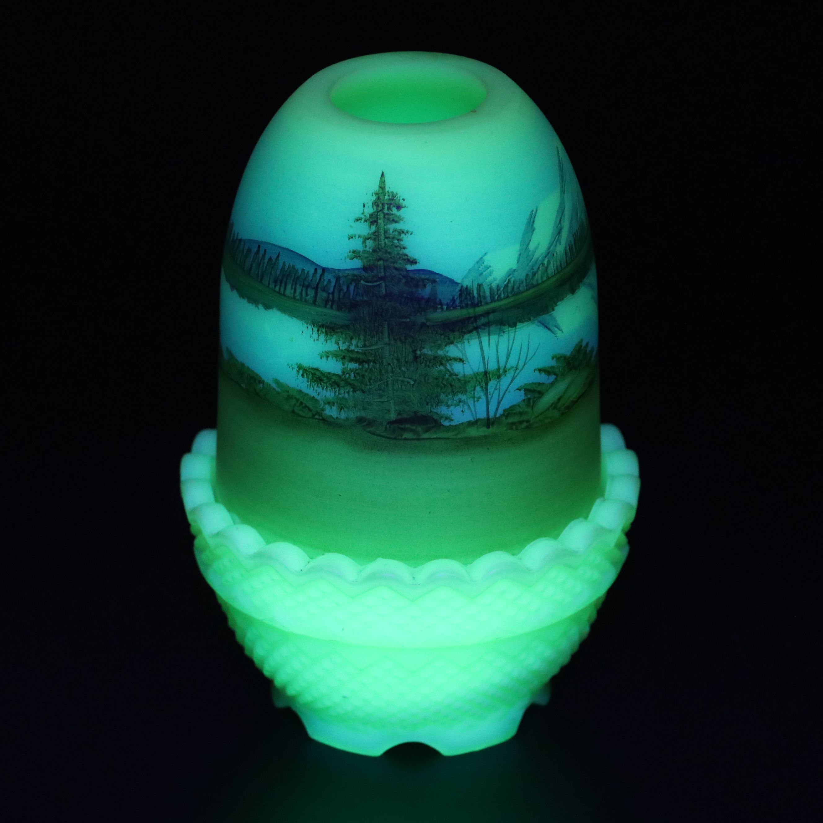 Dane Fredrick for Fenton Hand-Painted Custard Glass Basket and Fairy Lamp