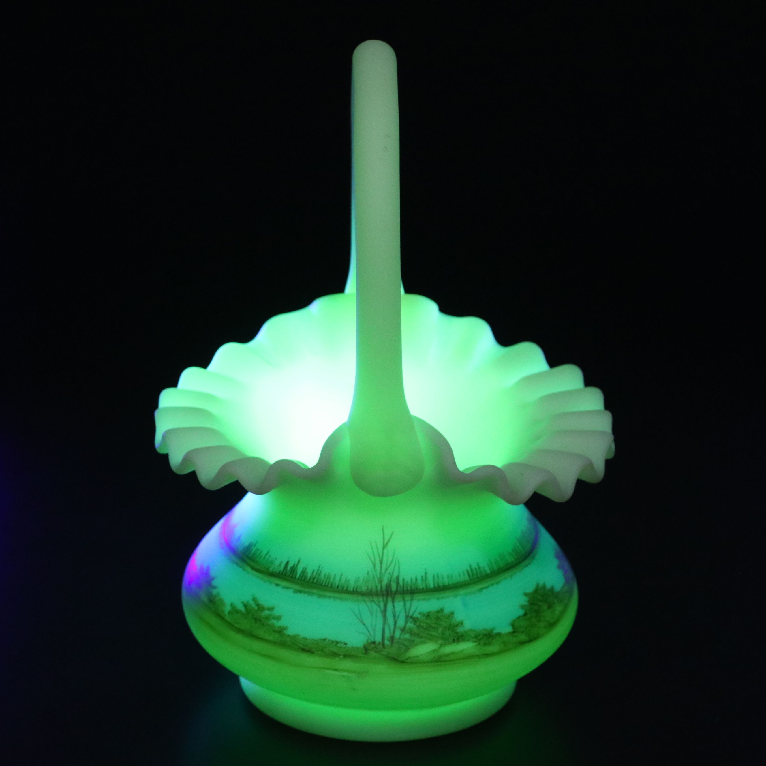 Dane Fredrick for Fenton Hand-Painted Custard Glass Basket and Fairy Lamp