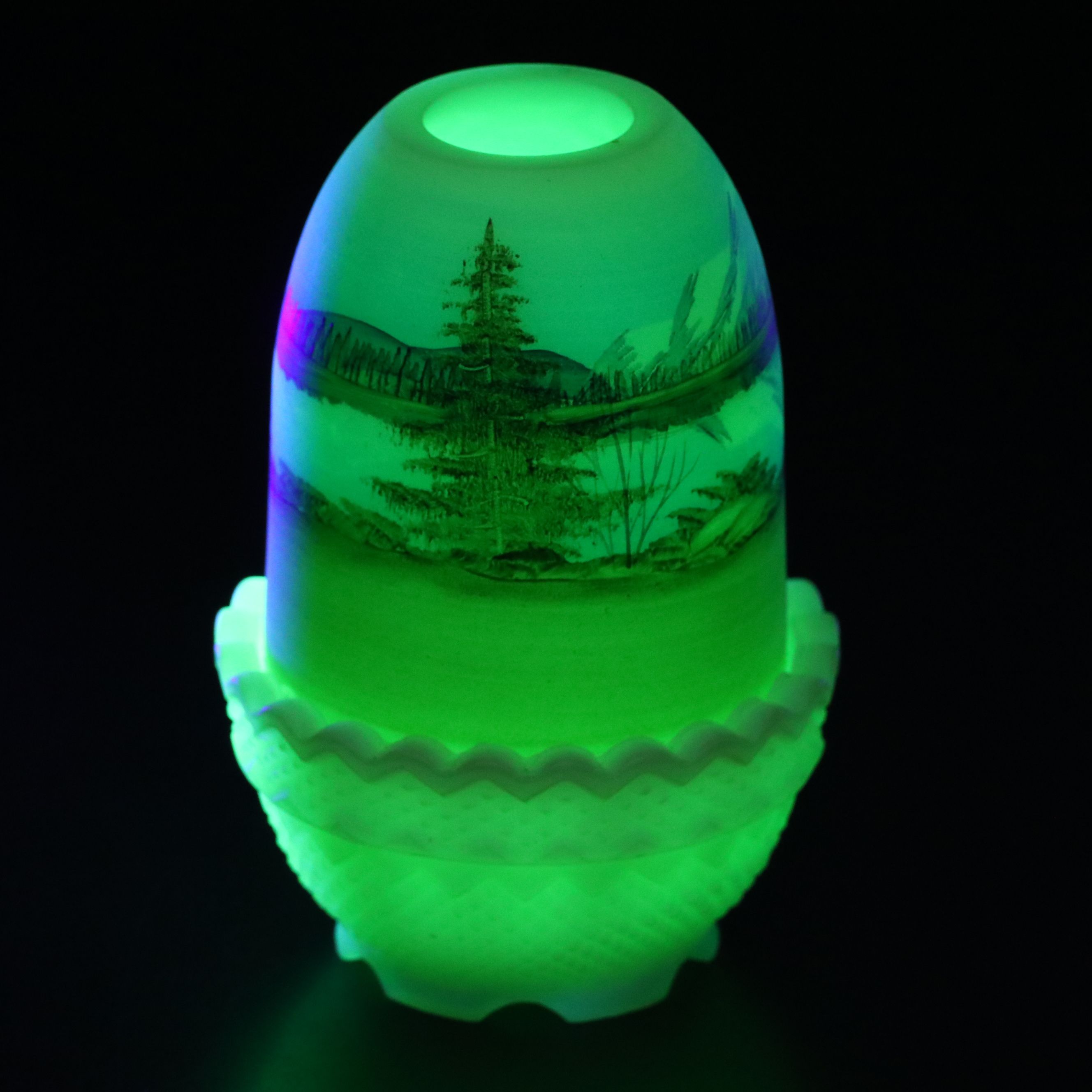 Dane Fredrick for Fenton Hand-Painted Custard Glass Basket and Fairy Lamp