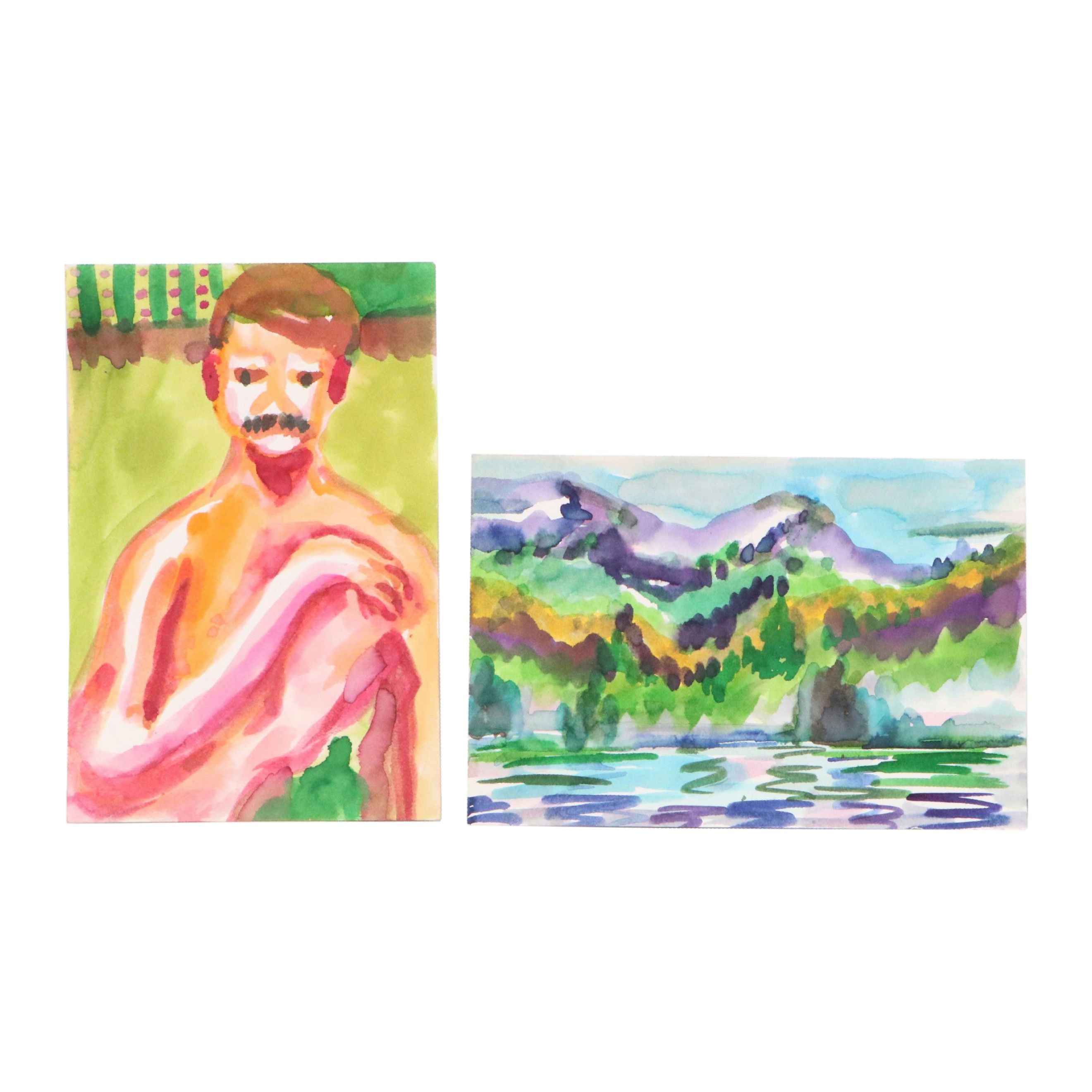 Jack Meanwell Watercolor Portrait of Man with Other Watercolor Paintings, 1975