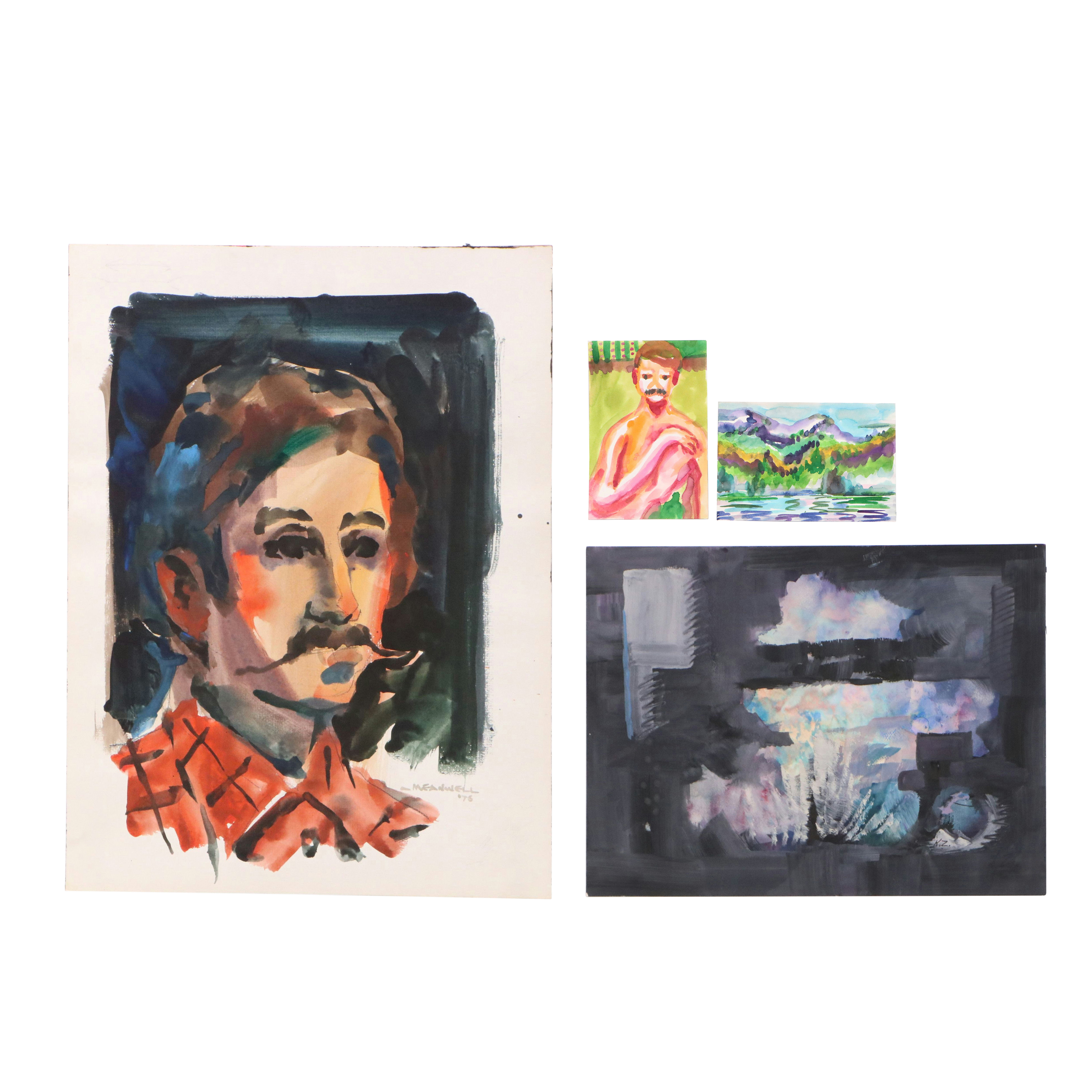 Jack Meanwell Watercolor Portrait of Man with Other Watercolor Paintings, 1975