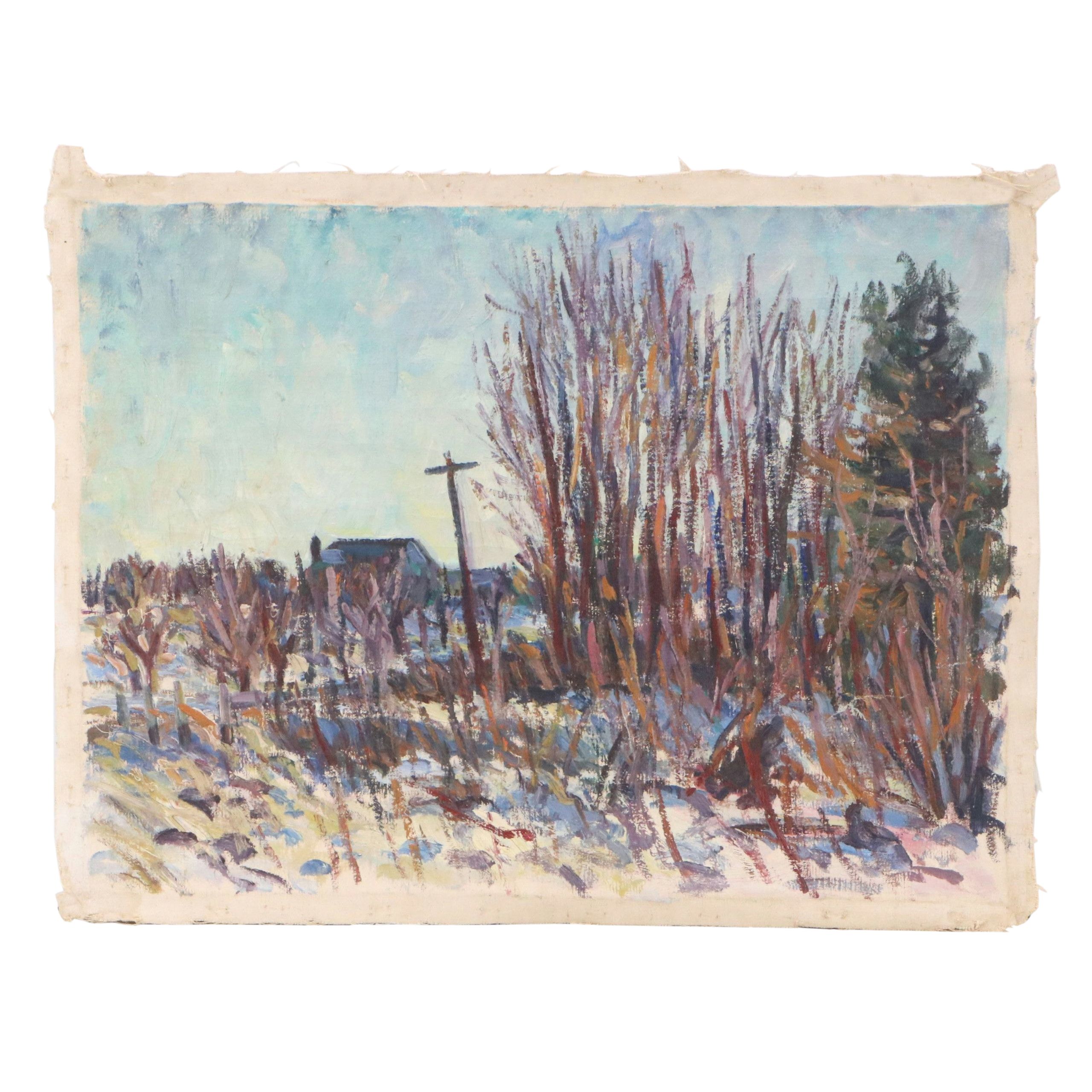 Impressionistic Landscape Oil Painting of Winter Trees, Mid to Late 20th C.