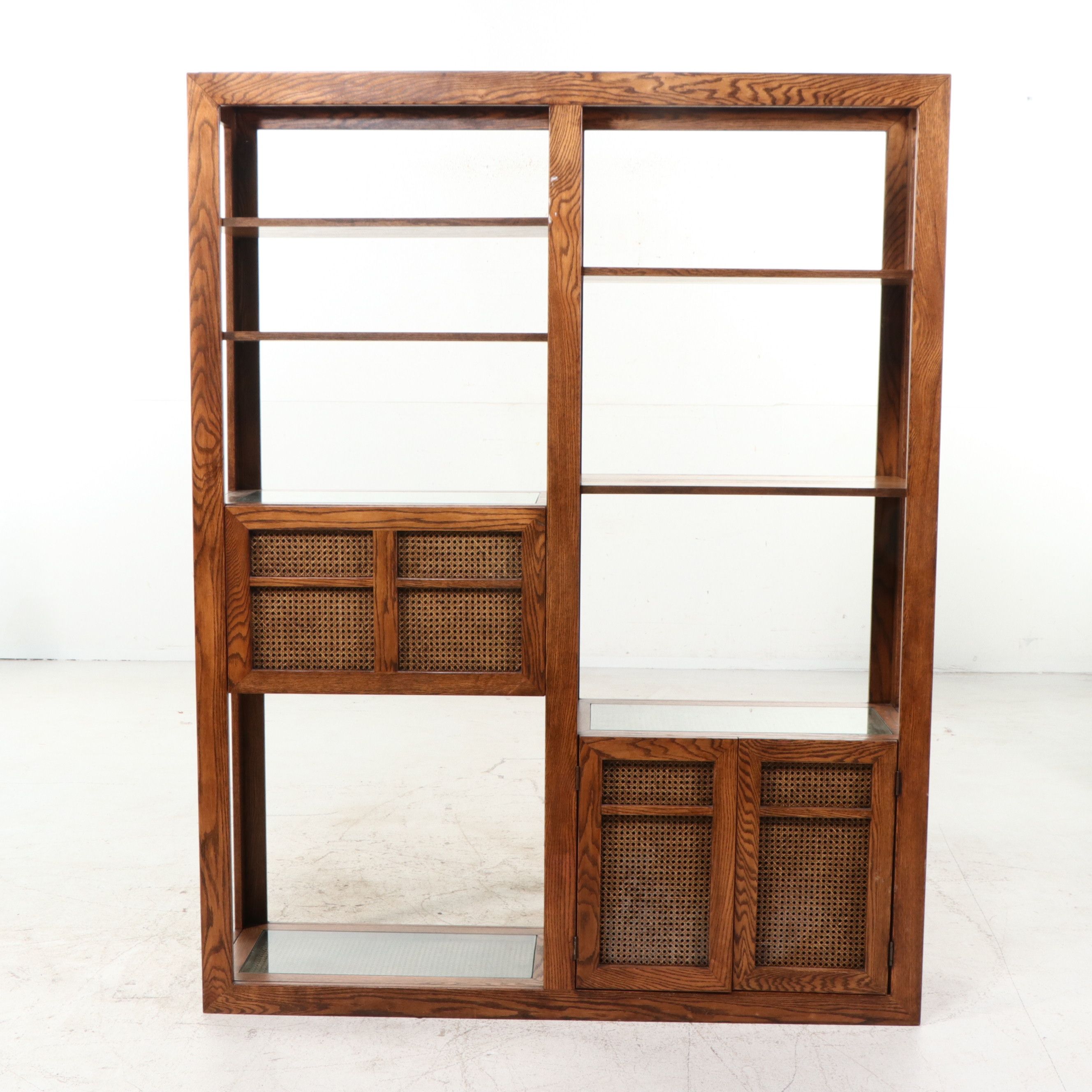 Mid Century Modern Brutalist Oak Étagère with Cane Panels, Late 20th Century