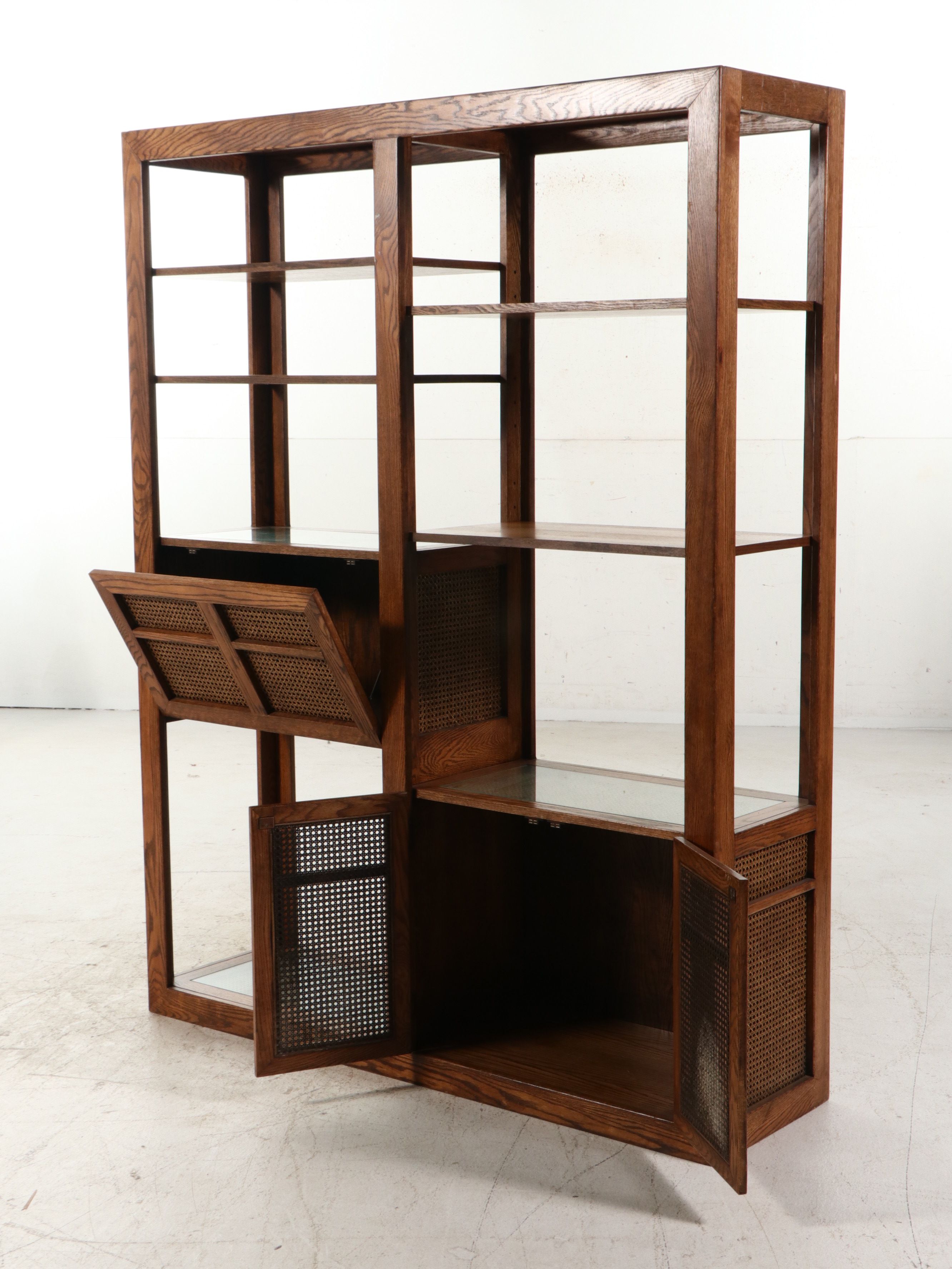 Mid Century Modern Brutalist Oak Étagère with Cane Panels, Late 20th Century