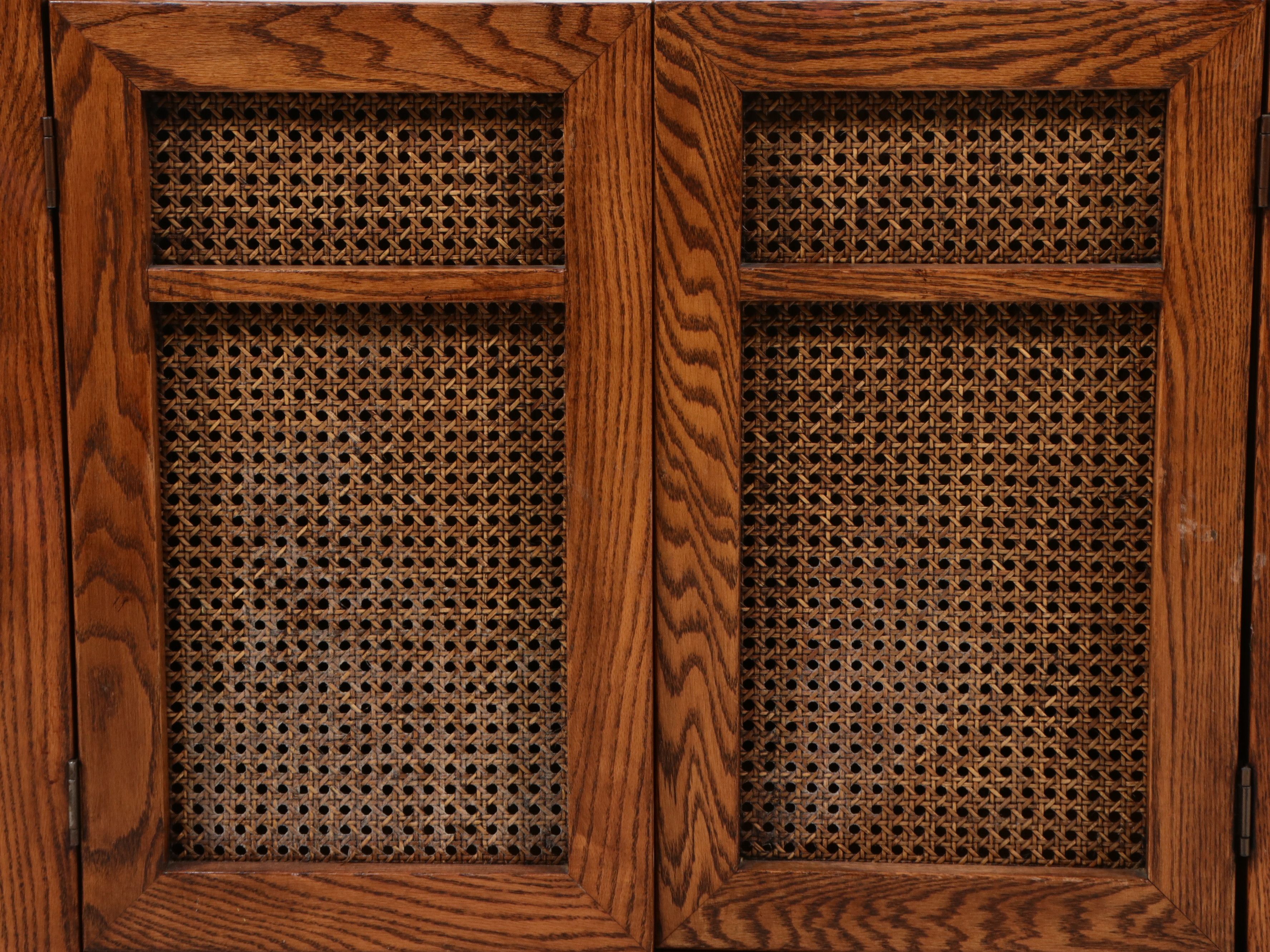 Mid Century Modern Brutalist Oak Étagère with Cane Panels, Late 20th Century