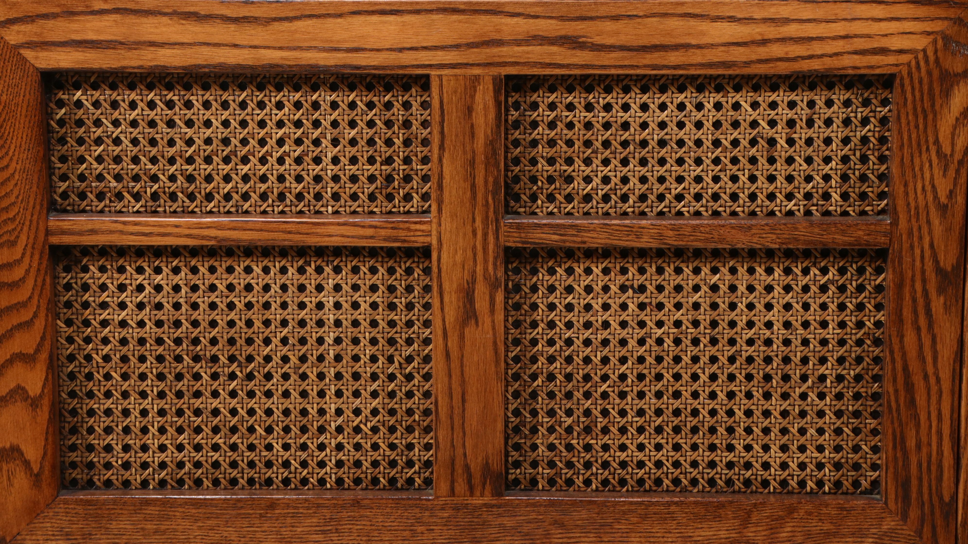 Mid Century Modern Brutalist Oak Étagère with Cane Panels, Late 20th Century