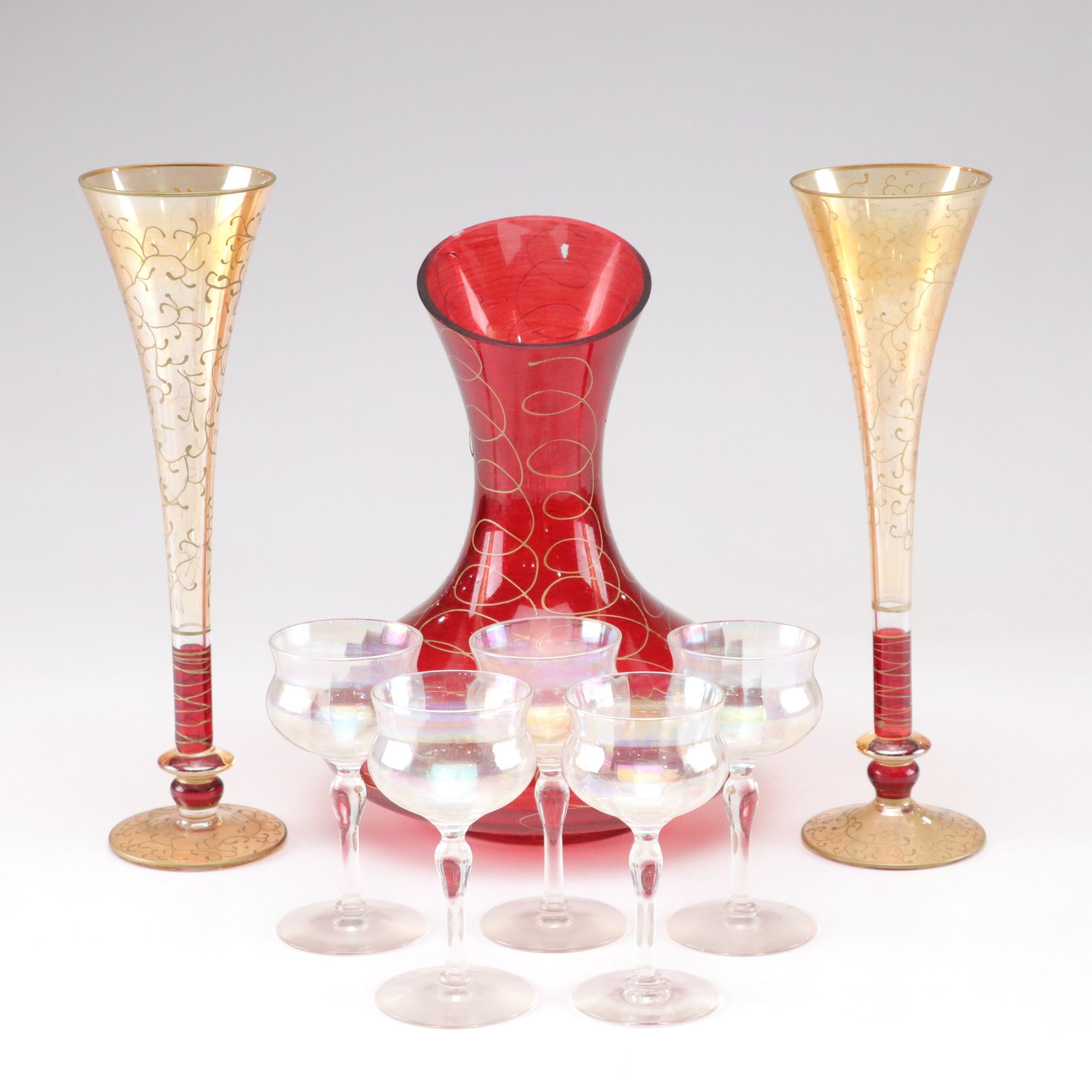 Romanian Hand Blown Red Vase with Opalescent Cordials & "Rioja" Champagne Flutes