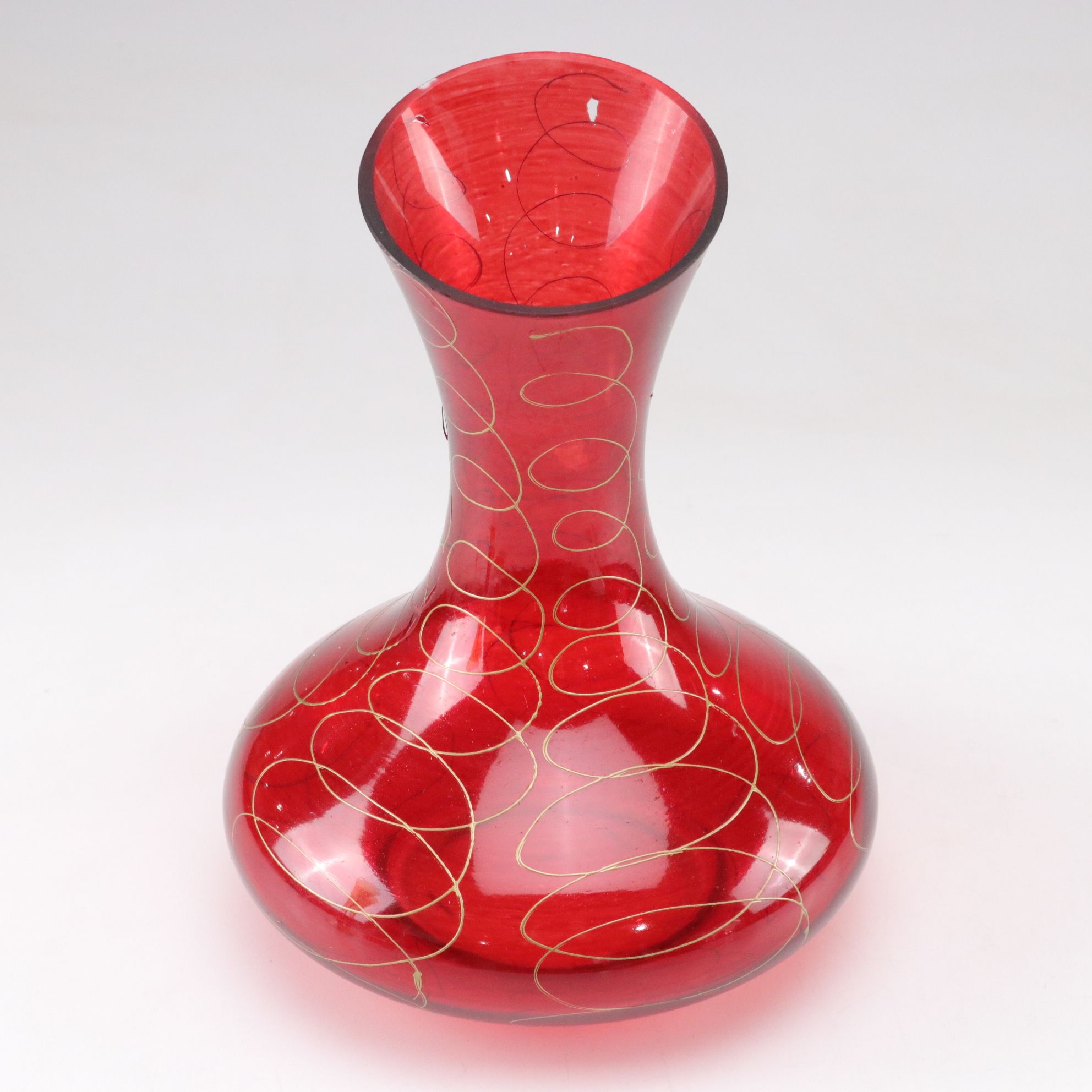 Romanian Hand Blown Red Vase with Opalescent Cordials & "Rioja" Champagne Flutes