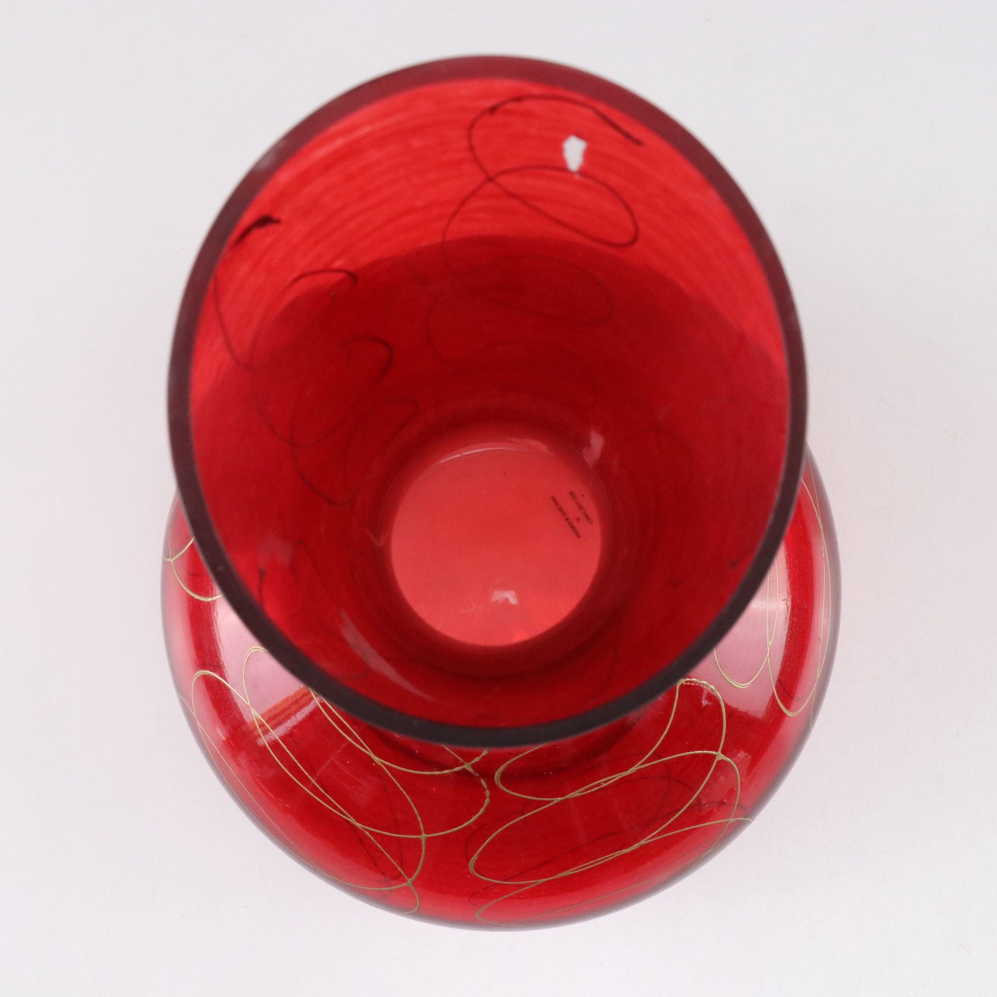 Romanian Hand Blown Red Vase with Opalescent Cordials & "Rioja" Champagne Flutes