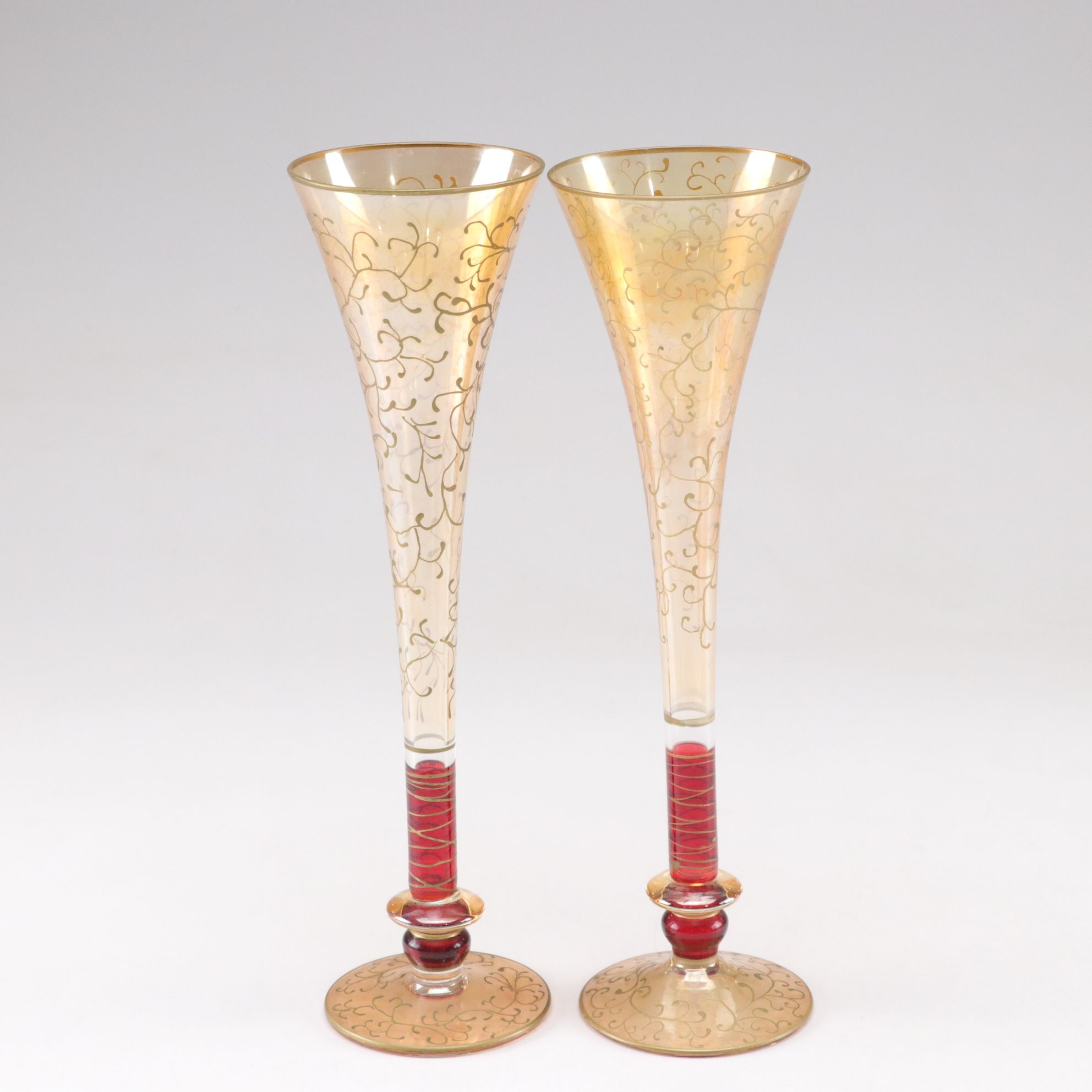 Romanian Hand Blown Red Vase with Opalescent Cordials & "Rioja" Champagne Flutes